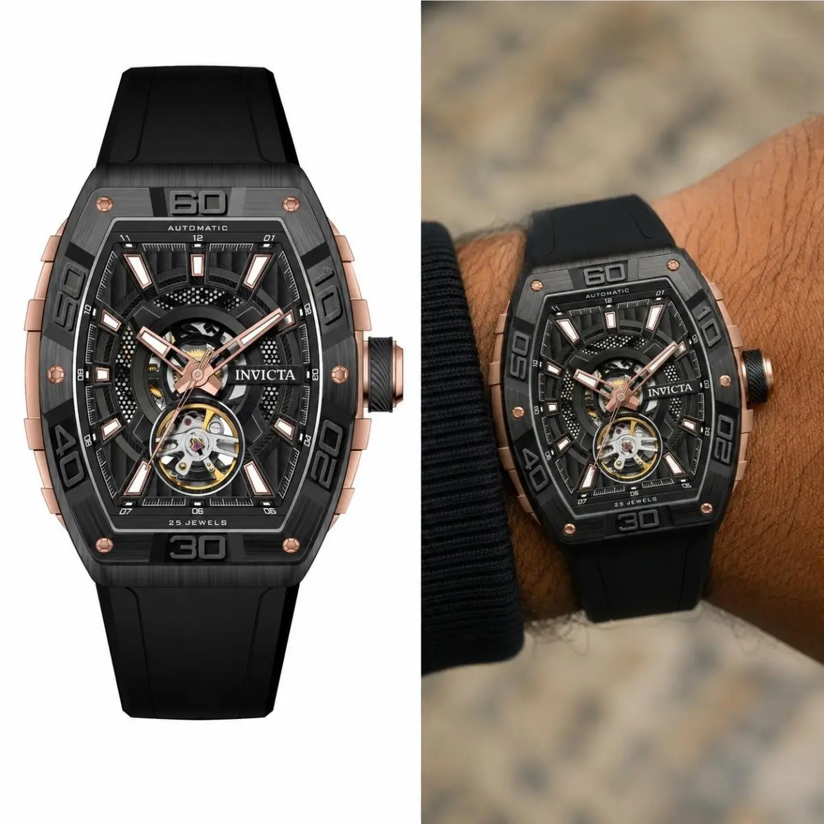 Invicta S1 Rally 69517 Mens Automatic Black Rose Gold Tonneau Open Heart Watch