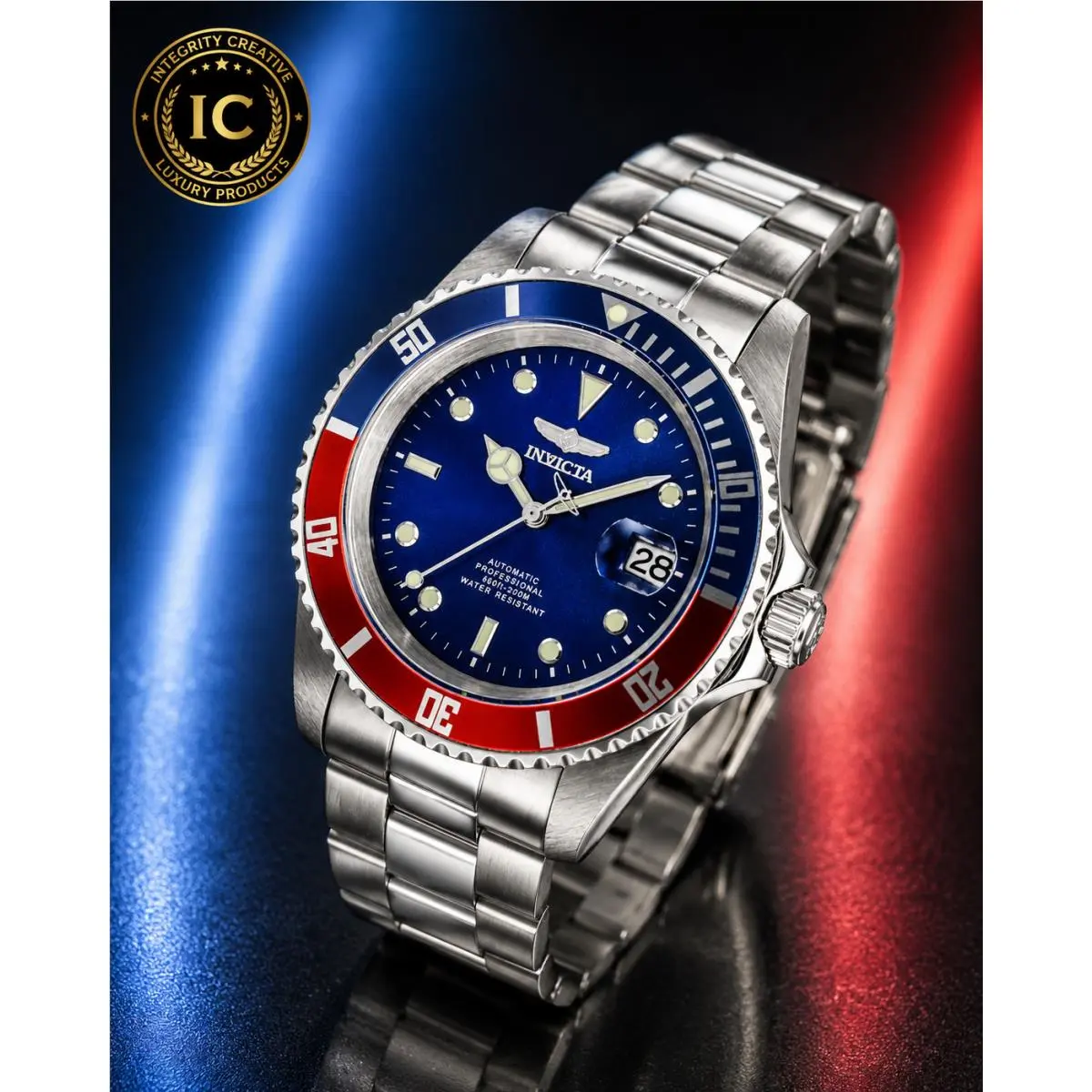 Mens Invicta Automatic Watch Pro Diver Series Blue Dial Pepsi Bezel Silver Wrist