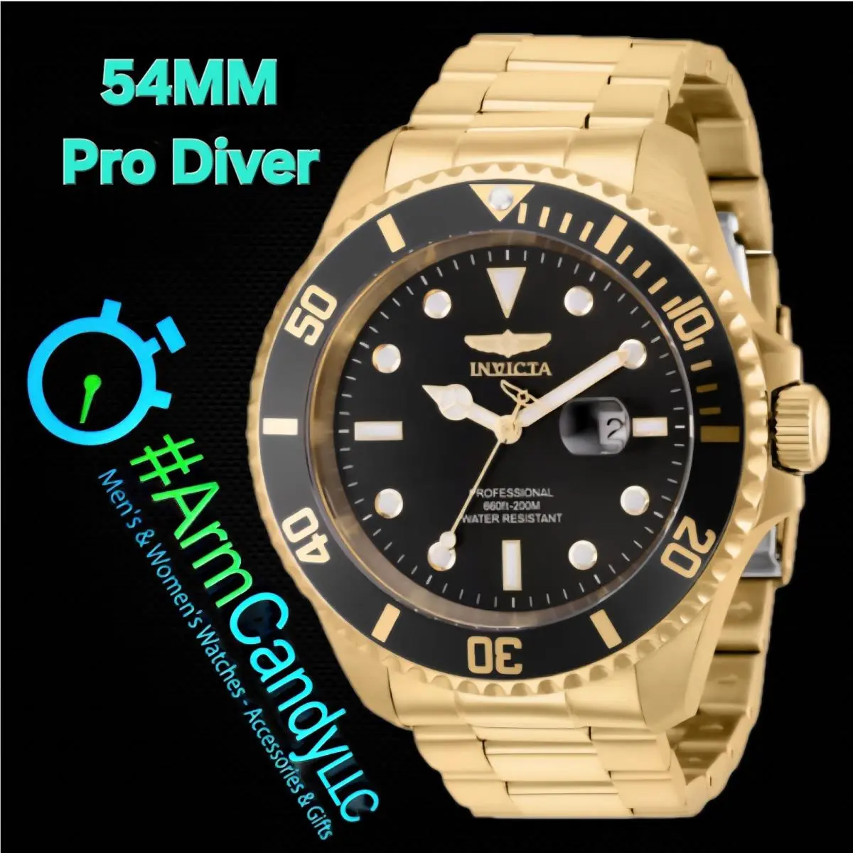 54MM  Pro Diver 36079 All Gold with Black Dial Still by Invicta