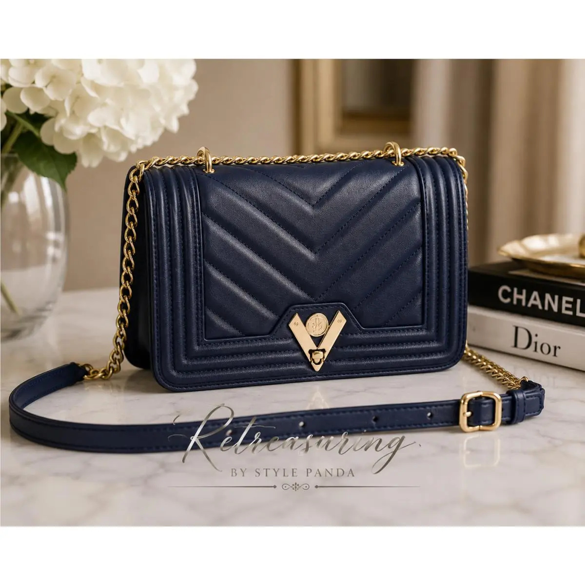 Orlandi Natasha Navy Blue Chevron Quilted Crossbody Gold Cha by Valentino