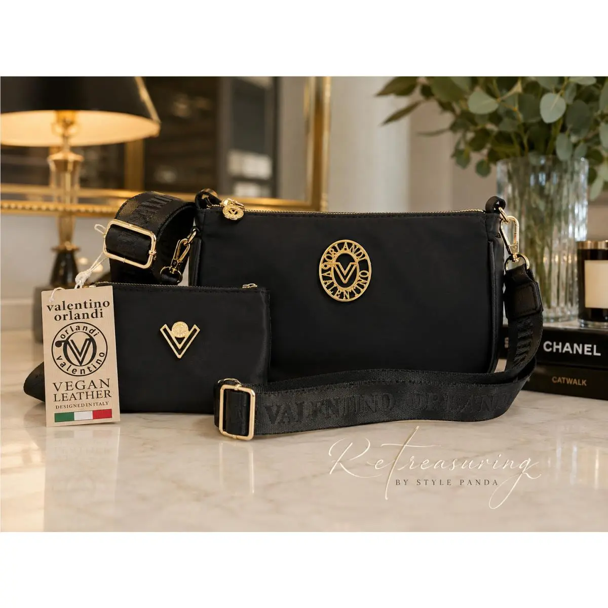 Orlandi VN-2110 Black Nylon Crossbody Bag Pouch Gold Italy by Valentino
