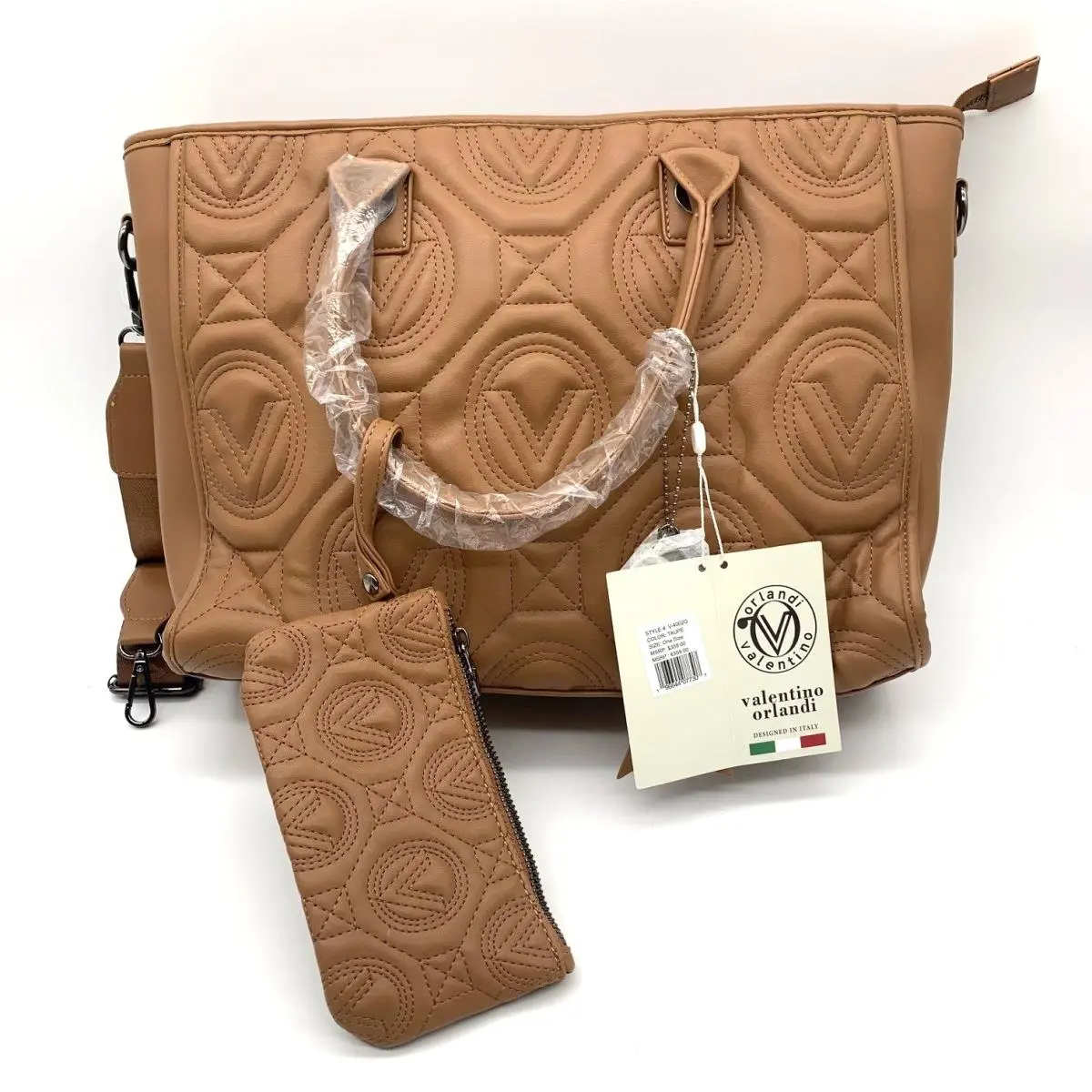 Orlandi Tote Bag with Matching Wallet Taupe Quilted V Logo by Valentino