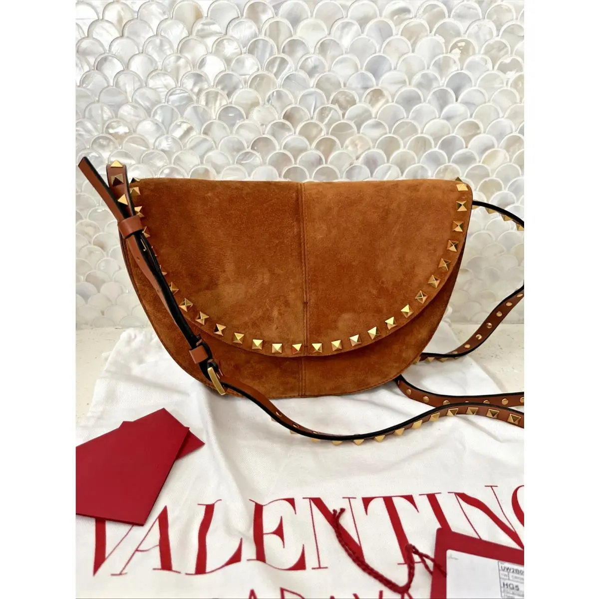 Garavani Rockstud Brown Suede Crossbody Saddle Bag Rare by Valentino
