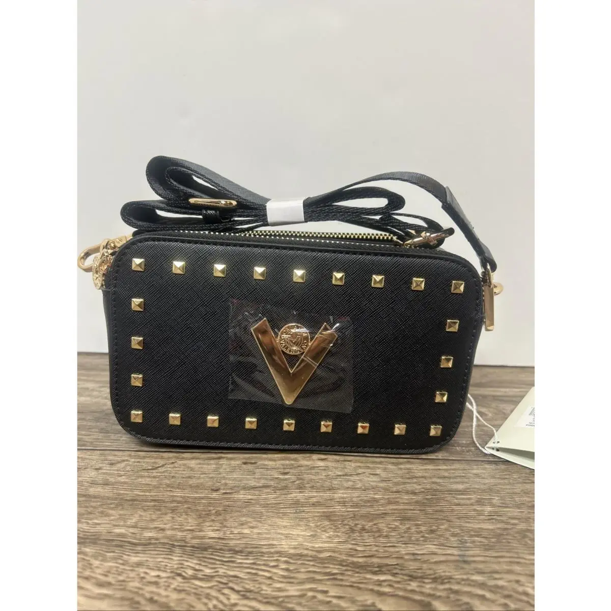 Orlandi Black Gold Tone Studded Crossbody Camera Bag by Valentino