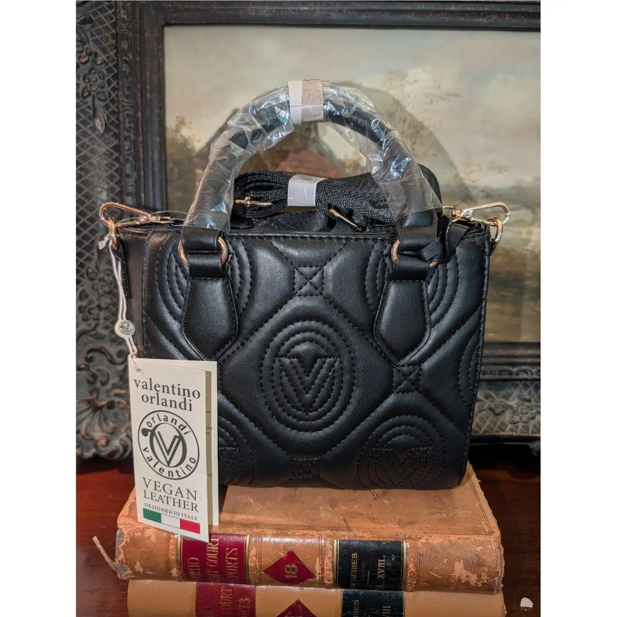 Orlandi Black Vegan Leather Quilted Satchel Crossbody Bag by Valentino