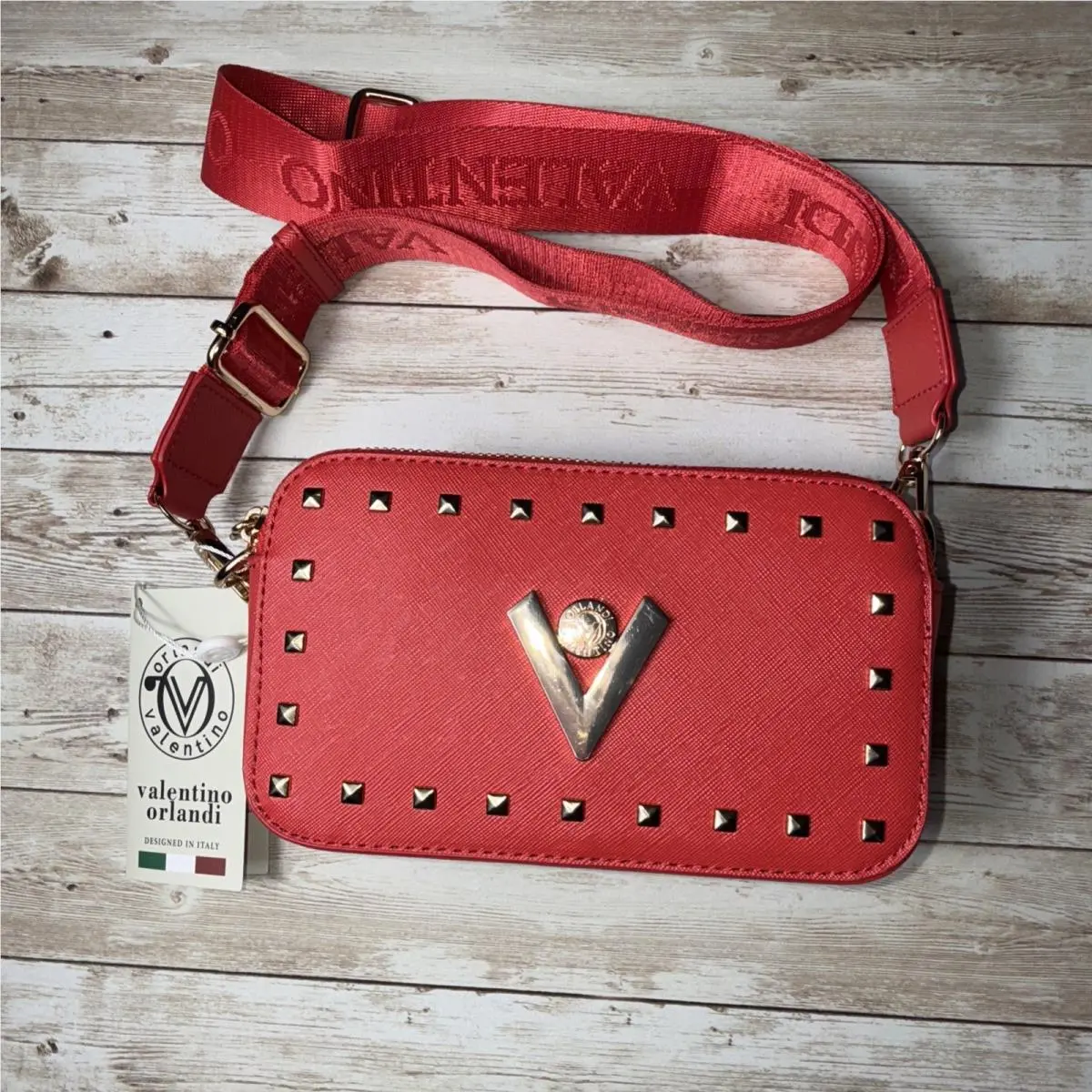 Orlandi Women’s Red Crossbody Bag Gold Studded Embellishments by Valentino