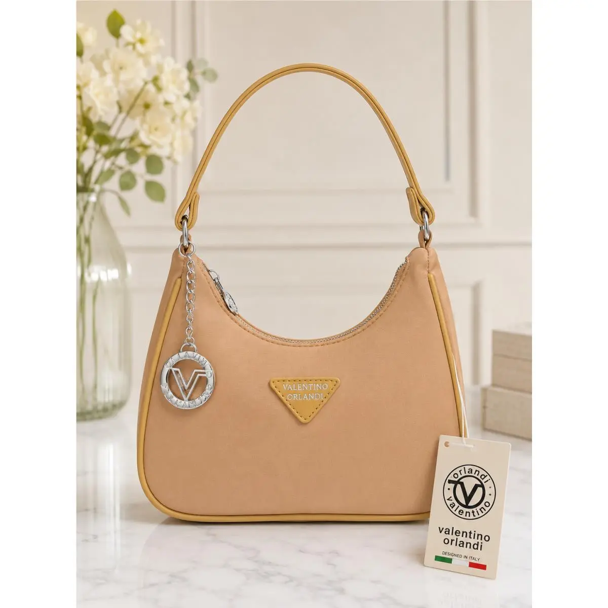 Orlandi V-3015 Italian Designed Taupe Hobo Shoulder Bag V-charm by Valentino