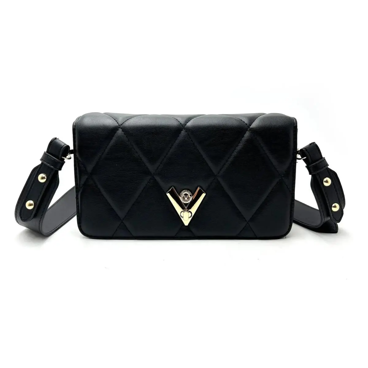 Orlandi V-2003 Black Quilted Crossbody Gold V Hardware Strap by Valentino
