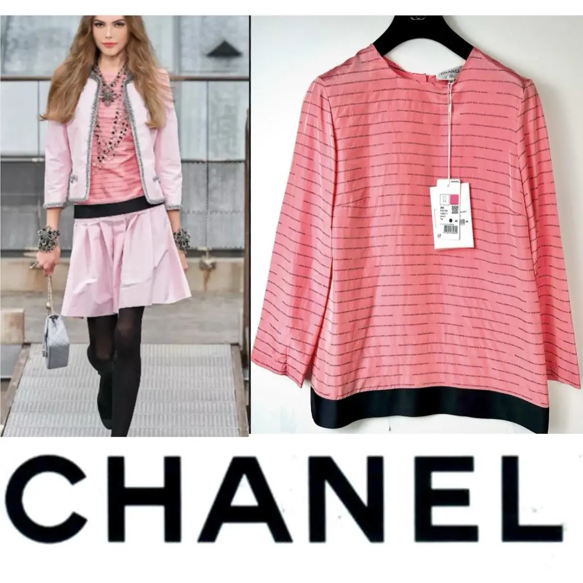4K Chanel 2020 Pink Black Stripe Sweater Top 36 38 40 4 6 8 Shirt Logo S M