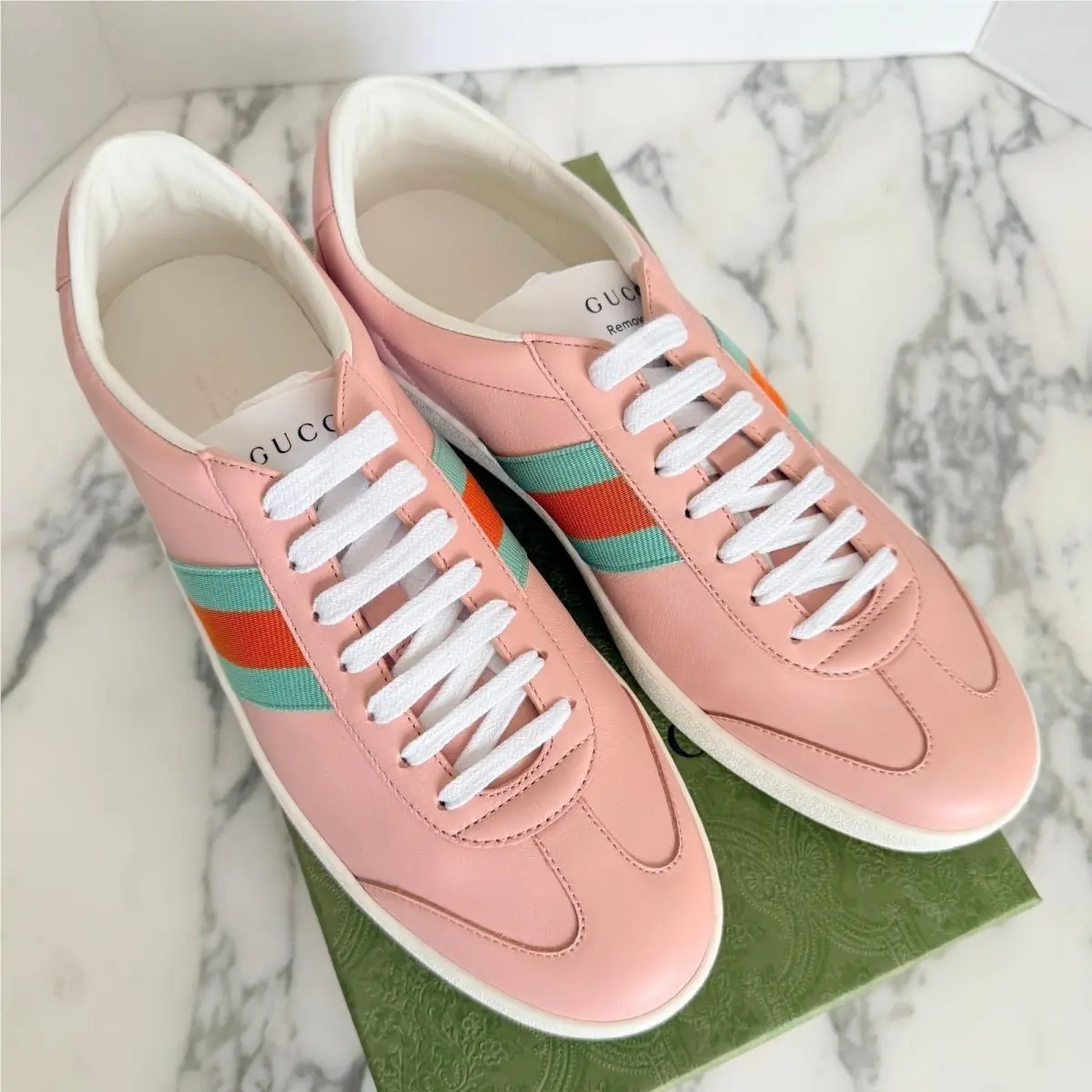 Gucci 858533 G74 Miro Soft Sneaker Perfect Pink Leather Teal Orange Web Sz 38