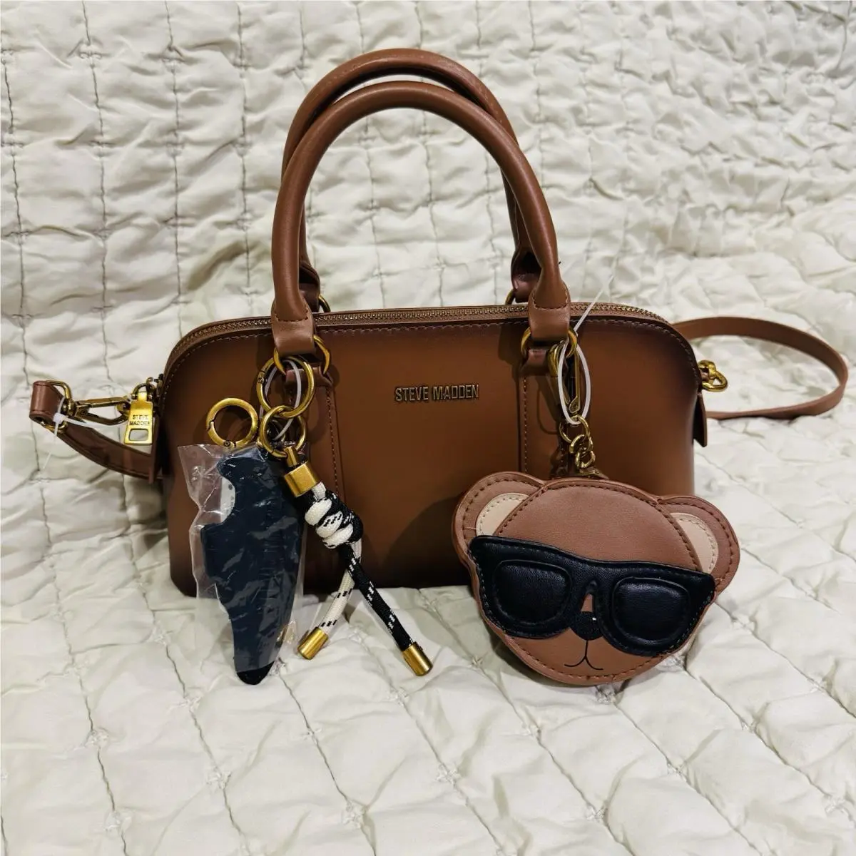 Brown Bthorne Nutshell Crossbody Satchel Bag with Teddy Bear Charms by Steve Madden