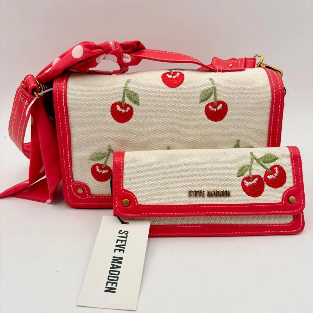 Steve Madden Cherry Embroidered Canvas Crossbody Bag and Wallet Set Red Cream