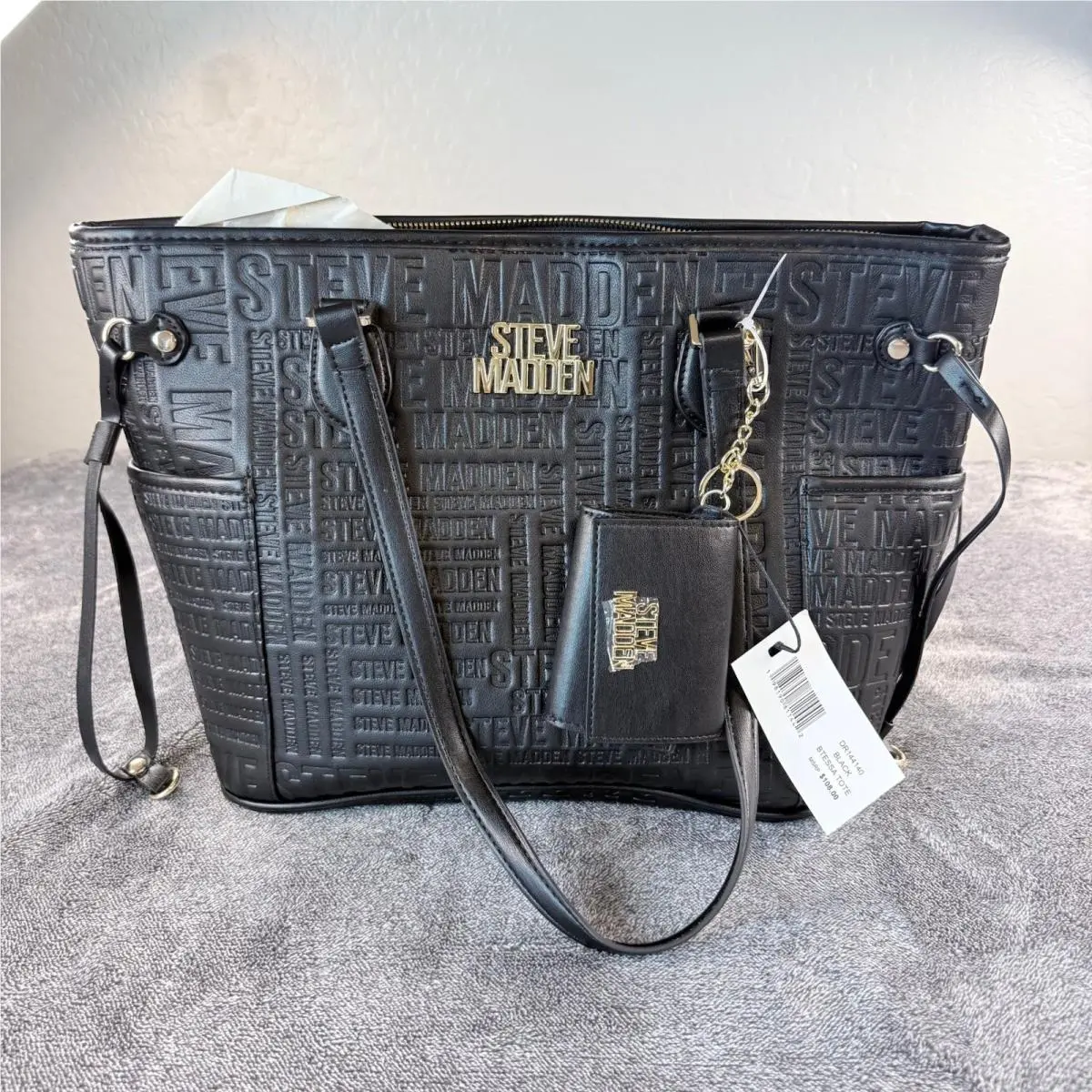 Steve Madden Bessa Tote Black Embossed Logo Shoulder Bag Coin Purse
