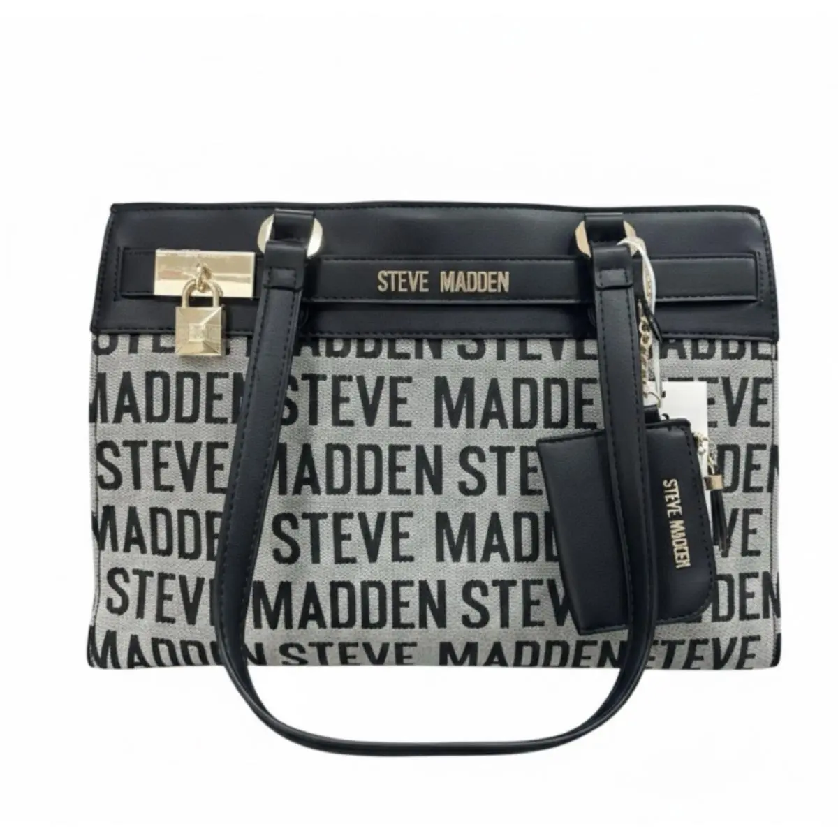 Steve Madden Jacquard Logo Shoulder Tote Bag Black Grey Women`s Purse