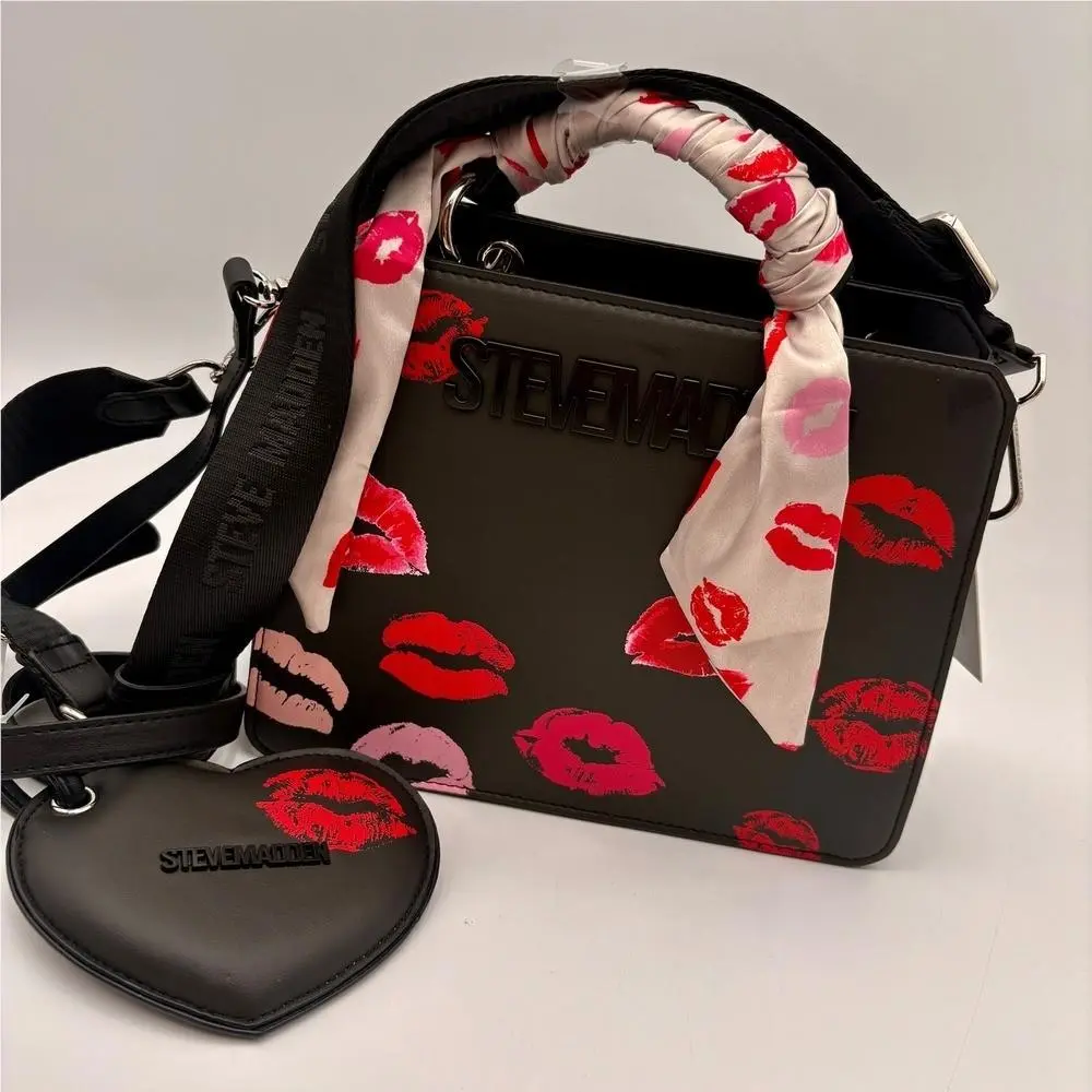 Bevelyn Black Kiss Print Valentine Lips Crossbody Bag Heart Charm by Steve Madden
