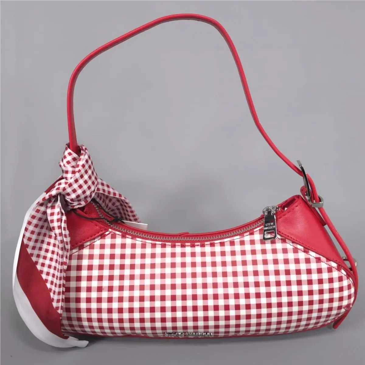 Women`s Shoulder Bag Scarf Zip Silver Red Gingham DT627910 by Steve Madden