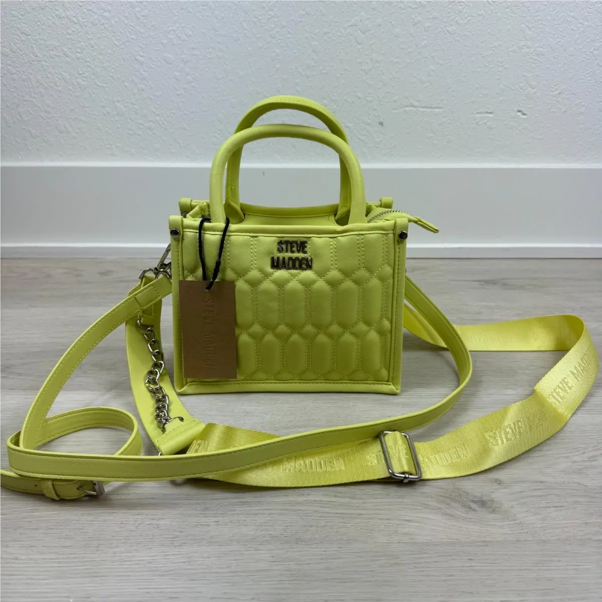Bniko Quilted Crossbody Purse Bag Lemon Green Guitar Strap by Steve Madden
