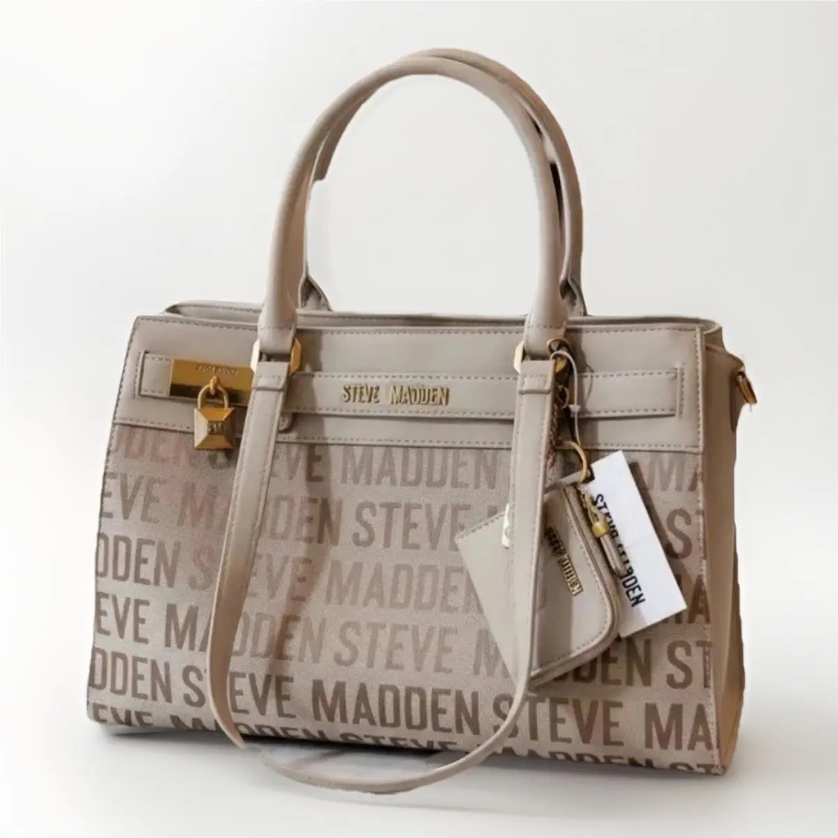 Jacquard Logo Shoulder Tote Bag Taupe Tan Women`s Purse by Steve Madden
