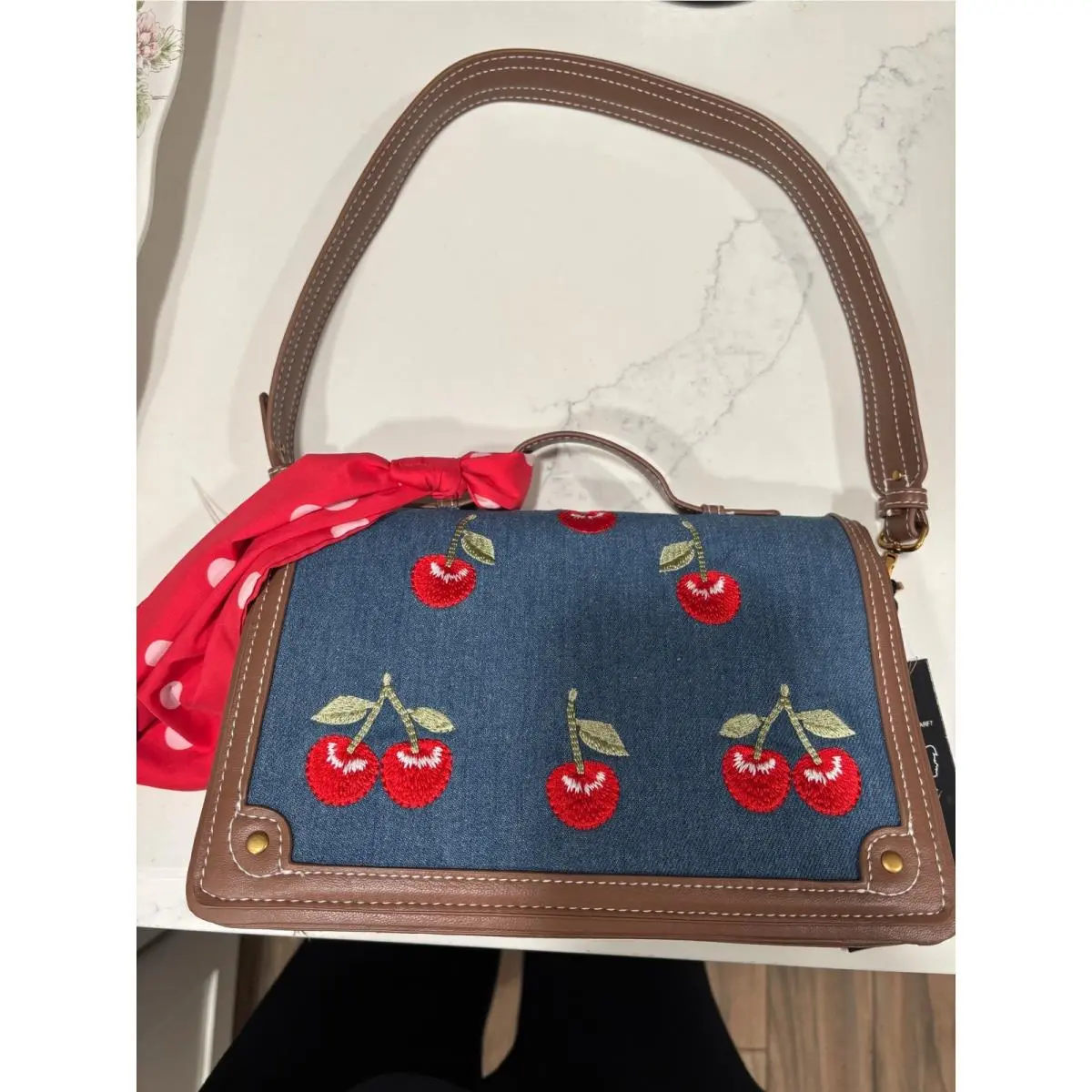 Denim Cherry Embroidered Crossbody Bag Satchel with Scarf by Steve Madden