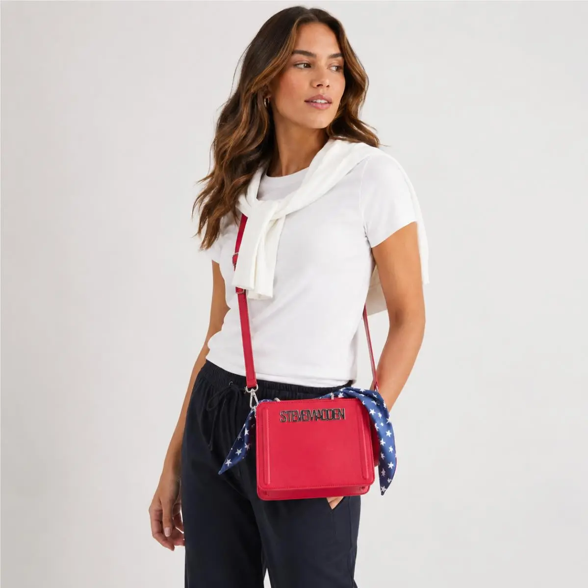 Women`s Crossbody Satchel Belvynn Star Scarf Red DT627935 by Steve Madden