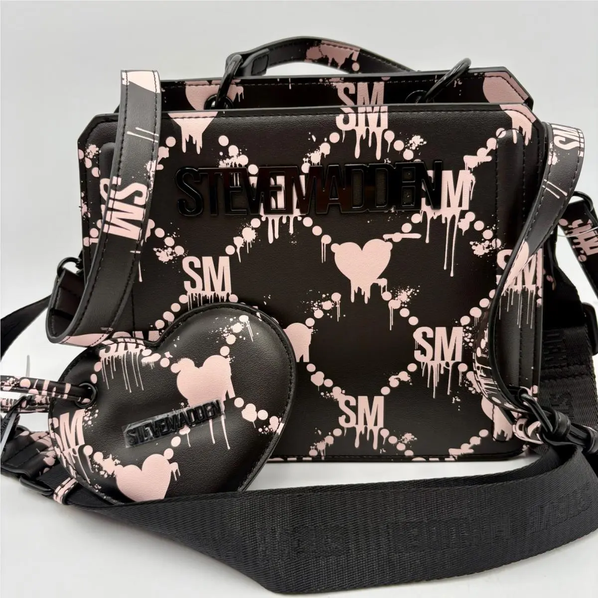 Madden Black Pink SM Dripping Hearts Satchel Crossbody Bag Heart Halloween by Steve Madden