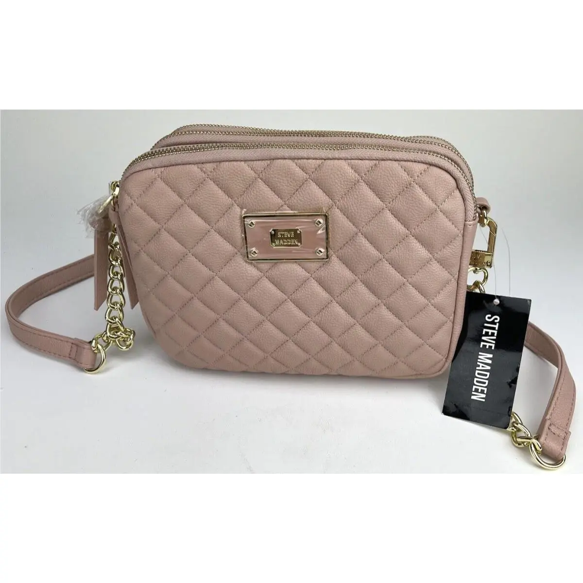 Womens Blush Pink Leather Quilted 3 Pocket Crossbody Bag Purse by Steve Madden