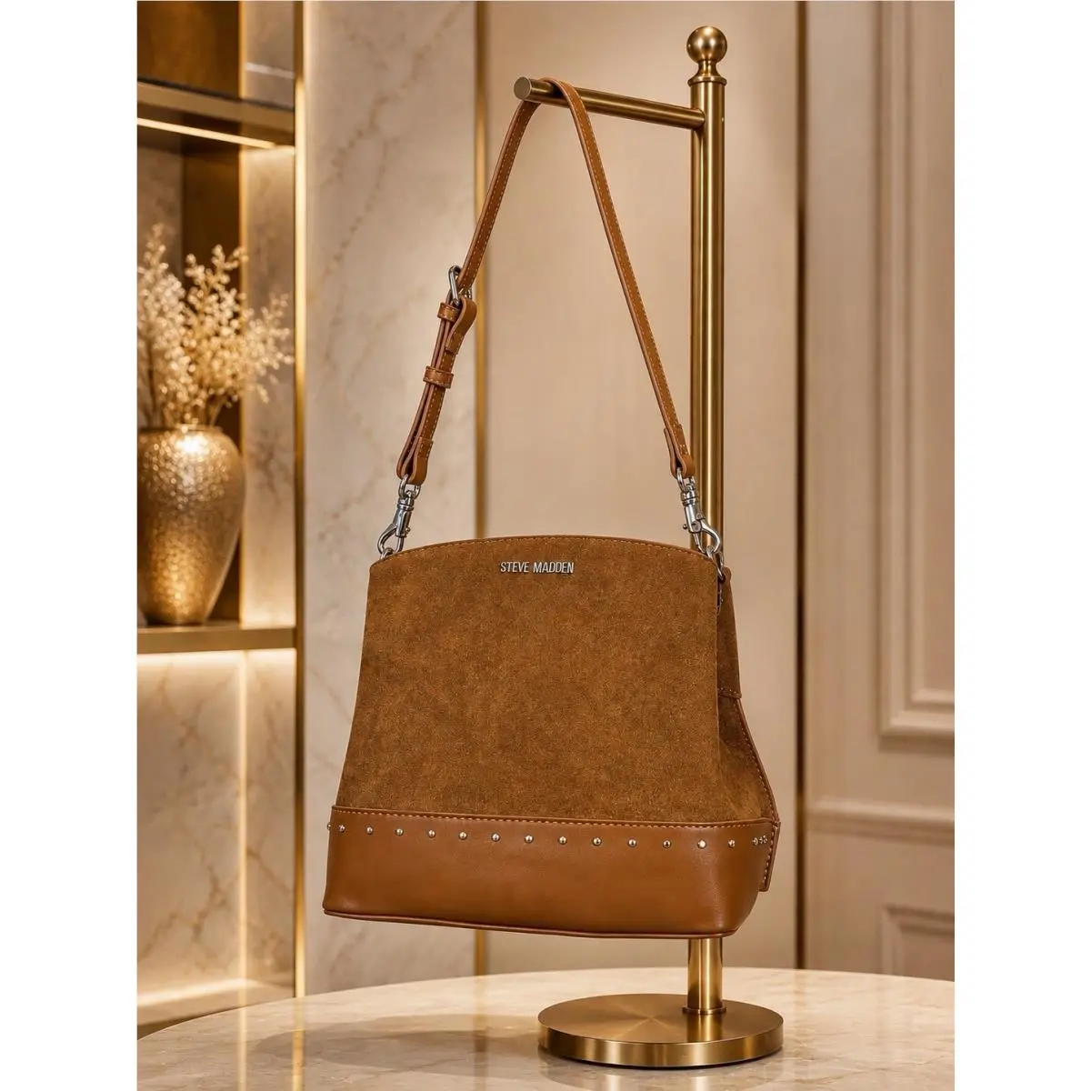Brown Suede Leather Shoulder Bag with Stud Accents by Steve Madden