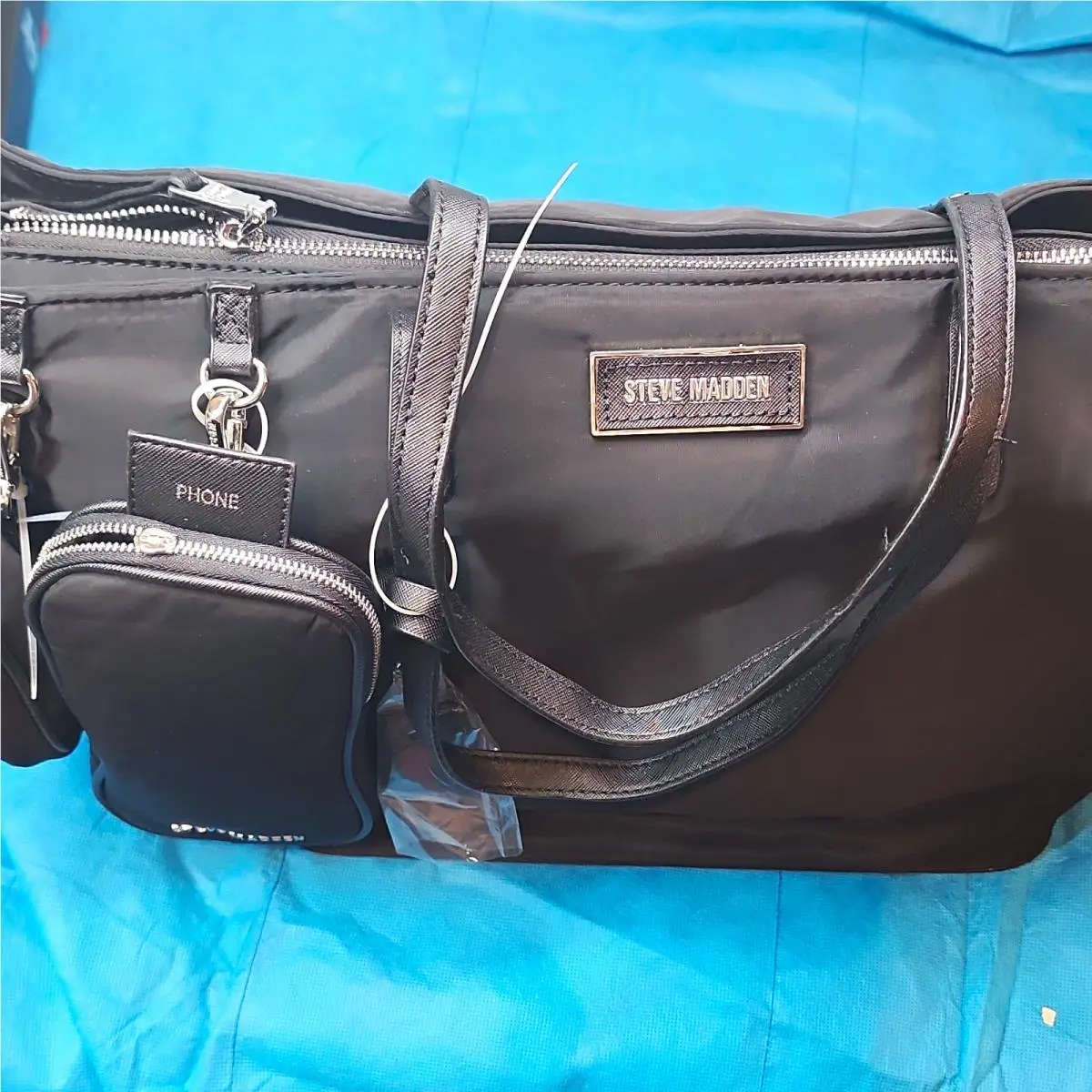 Black Tote Zip Top w/ Pouch Silver Hardware Inner Pockets by Steve Madden