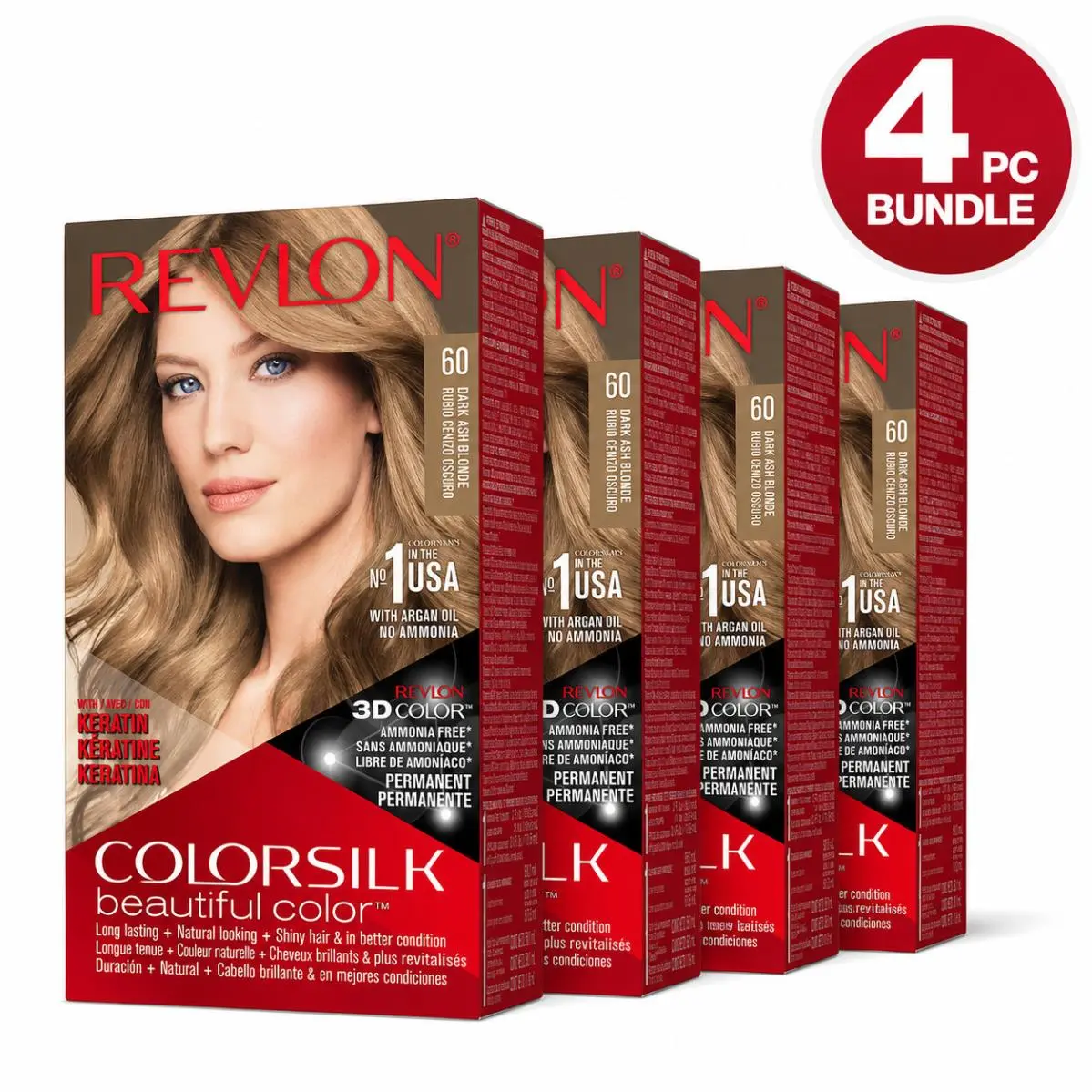 4PC -  Colorsilk Beautiful Color 60 Dark Ash Blonde Permanent Hair Color by Revlon
