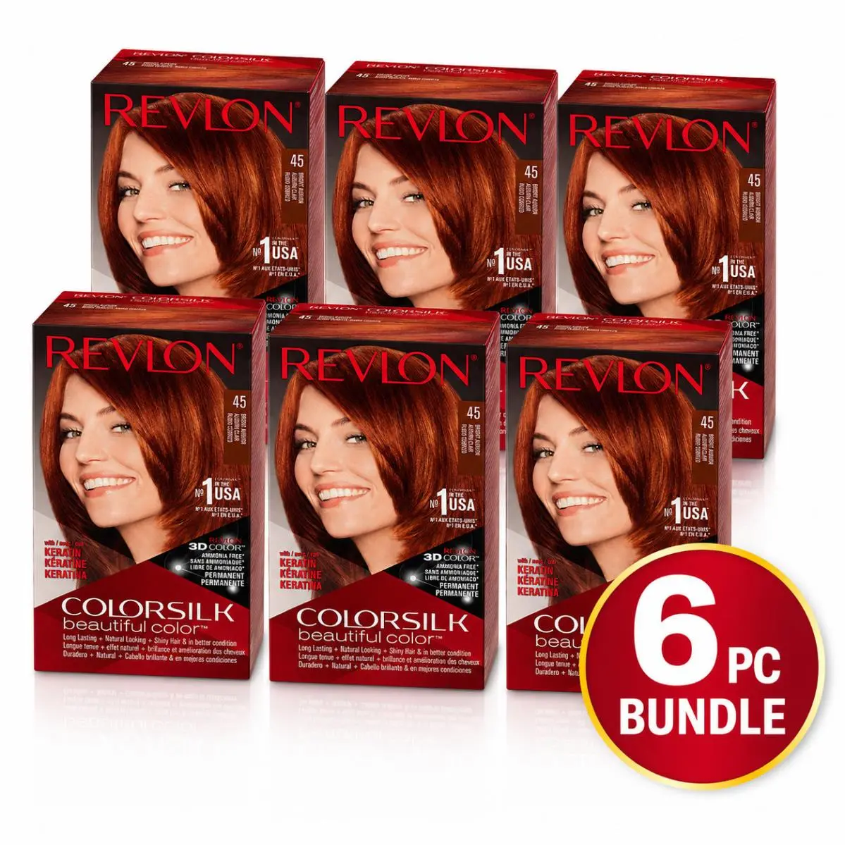 6PC -  Colorsilk Beautiful Color 45 Bright Auburn Permanent Hair Color by Revlon