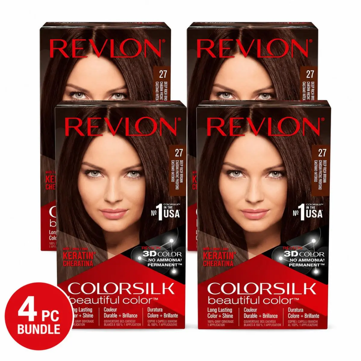 4PC -  Colorsilk Beautiful Color 27 Deep Rich Brown Permanent Hair Dye Kit by Revlon