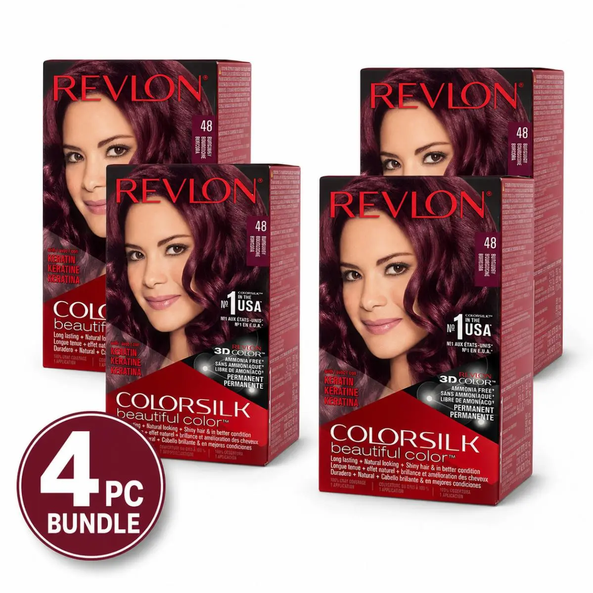 4PC -  Colorsilk Beautiful Color 48 Burgundy Permanent Hair Color by Revlon