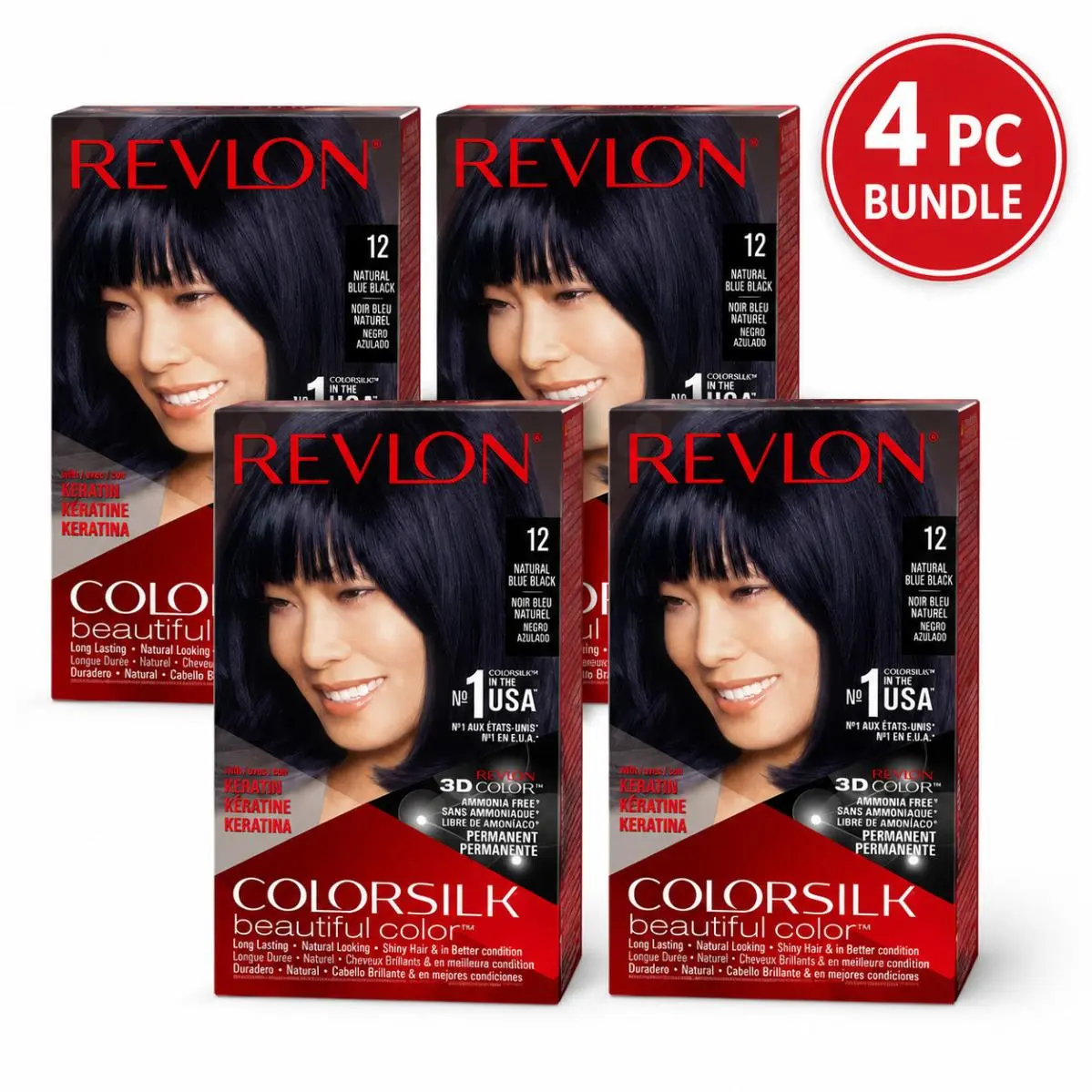 4PC -  Colorsilk Beautiful 12 Natural Blue Black Permanent Hair Dye by Revlon