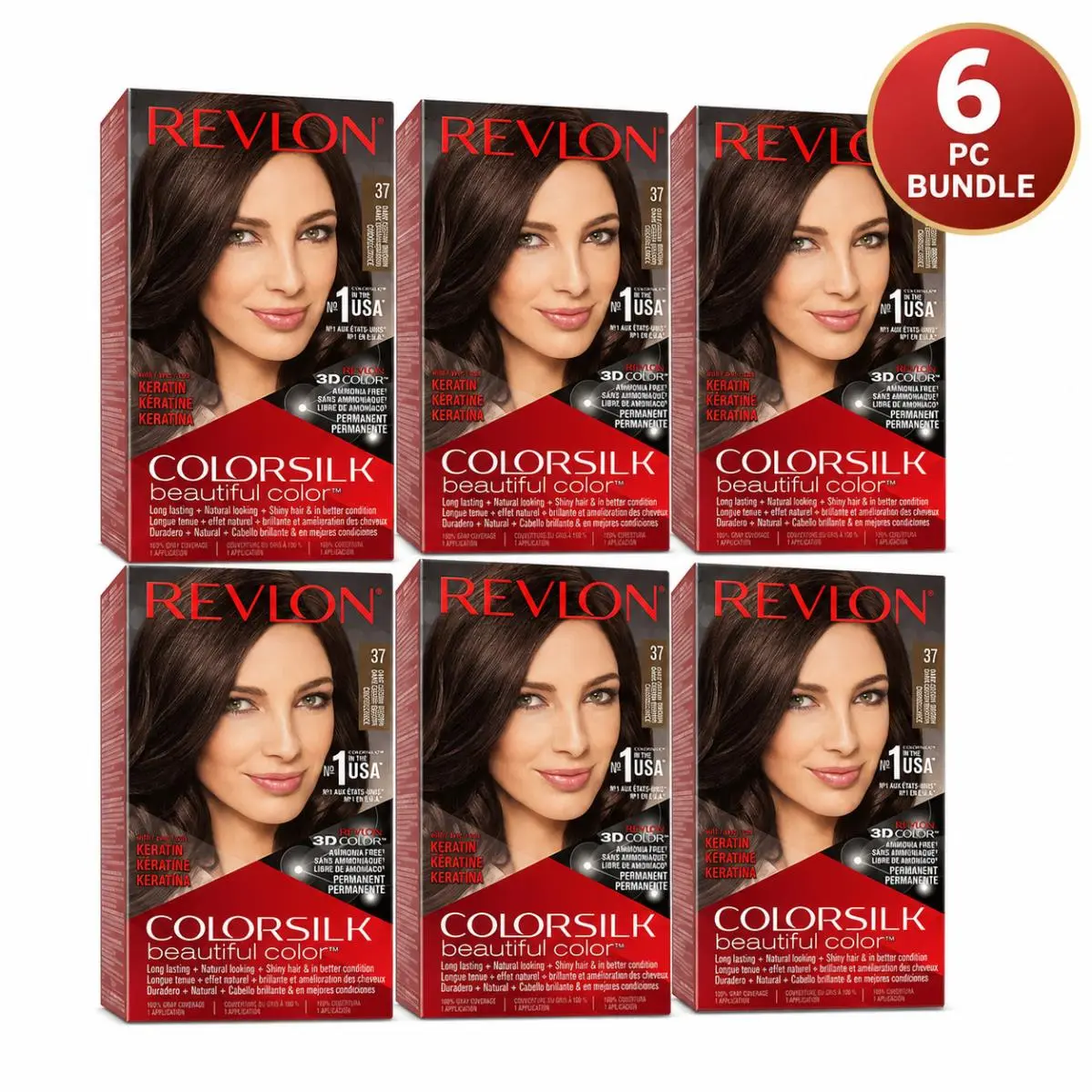 6PC -  Colorsilk Beautiful Color 37 Dark Golden Brown Permanent Hair Color by Revlon