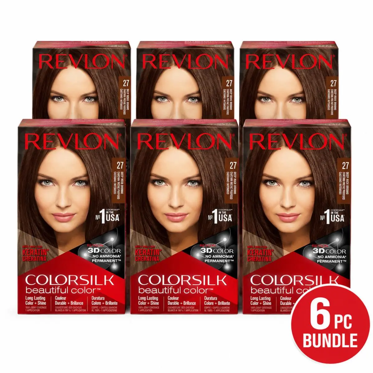 6PC -  Colorsilk Beautiful Color 27 Deep Rich Brown Permanent Hair Dye Kit by Revlon