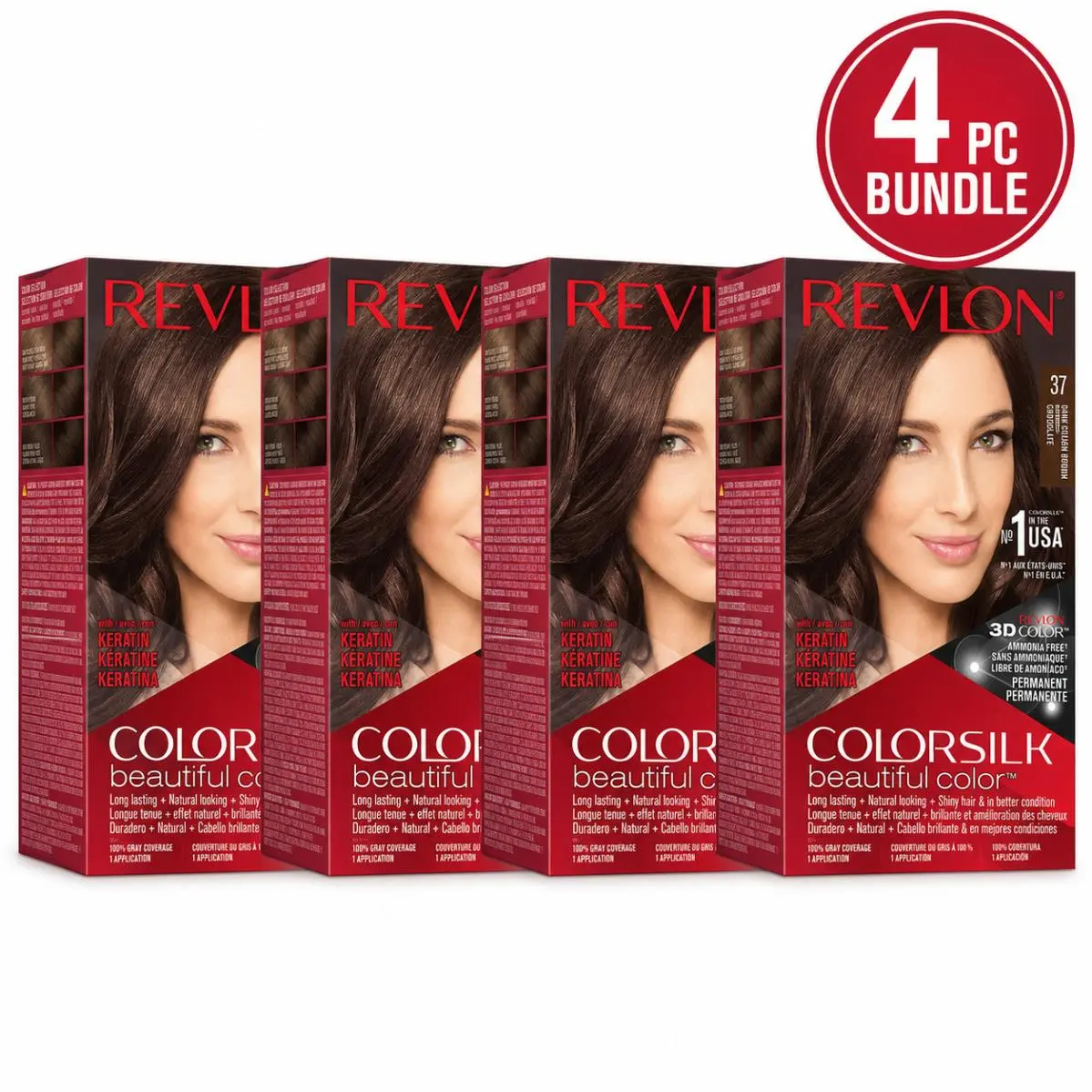 4PC -  Colorsilk Beautiful Color 37 Dark Golden Brown Permanent Hair Color by Revlon