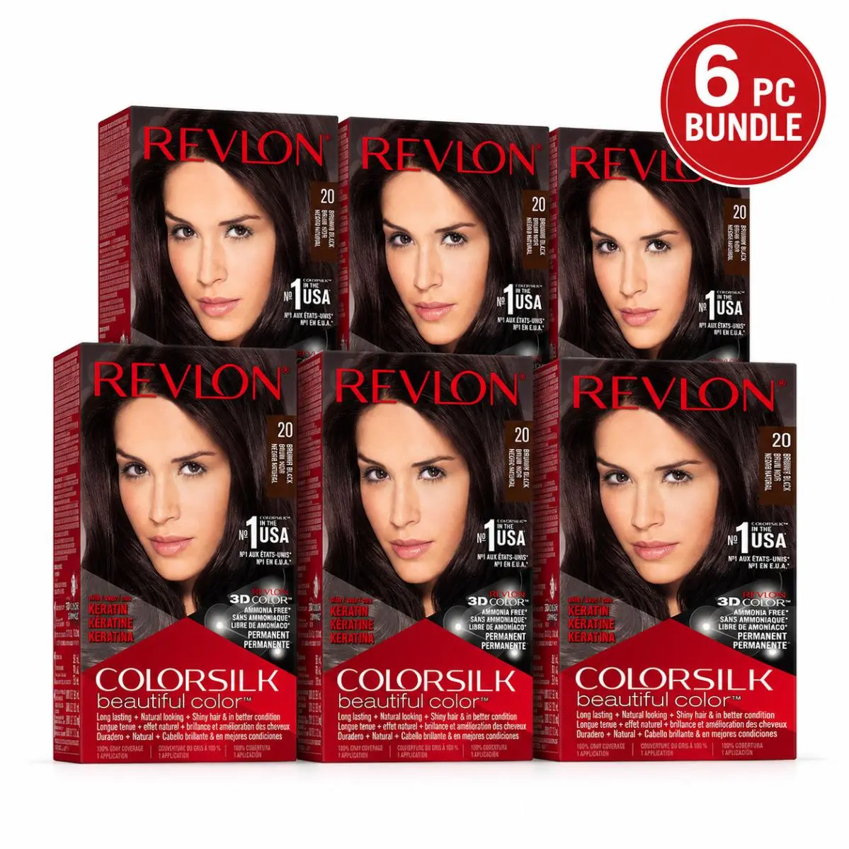6PC -  Colorsilk Beautiful Color 20 Brown Black Permanent Hair Color Kit by Revlon