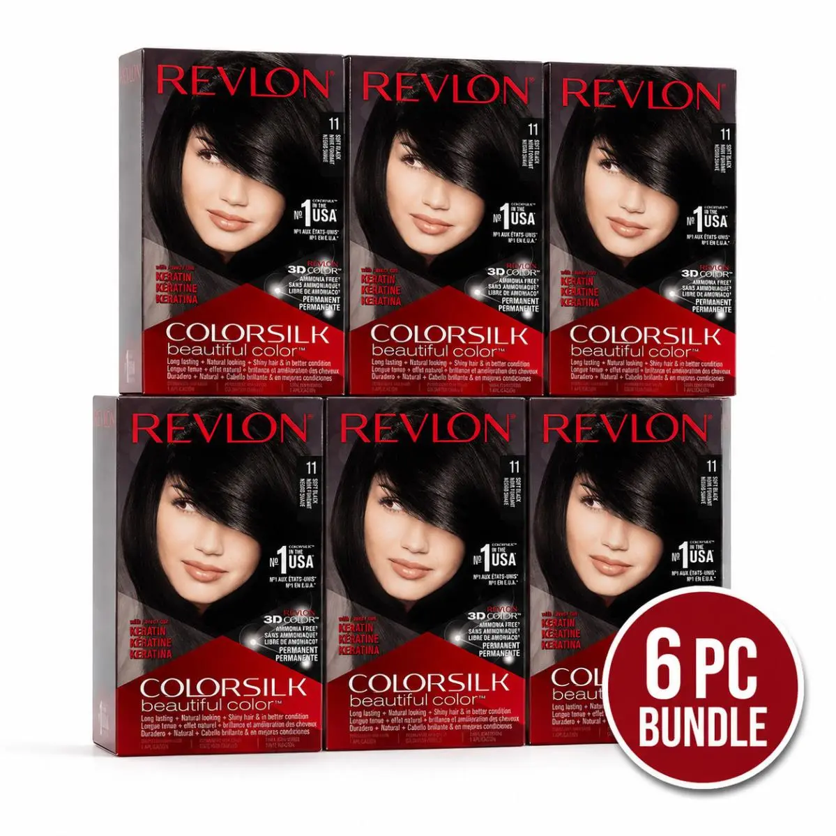 6PC -  Colorsilk Beautiful 11 Soft Black Permanent Hair Dye Ammonia Free by Revlon