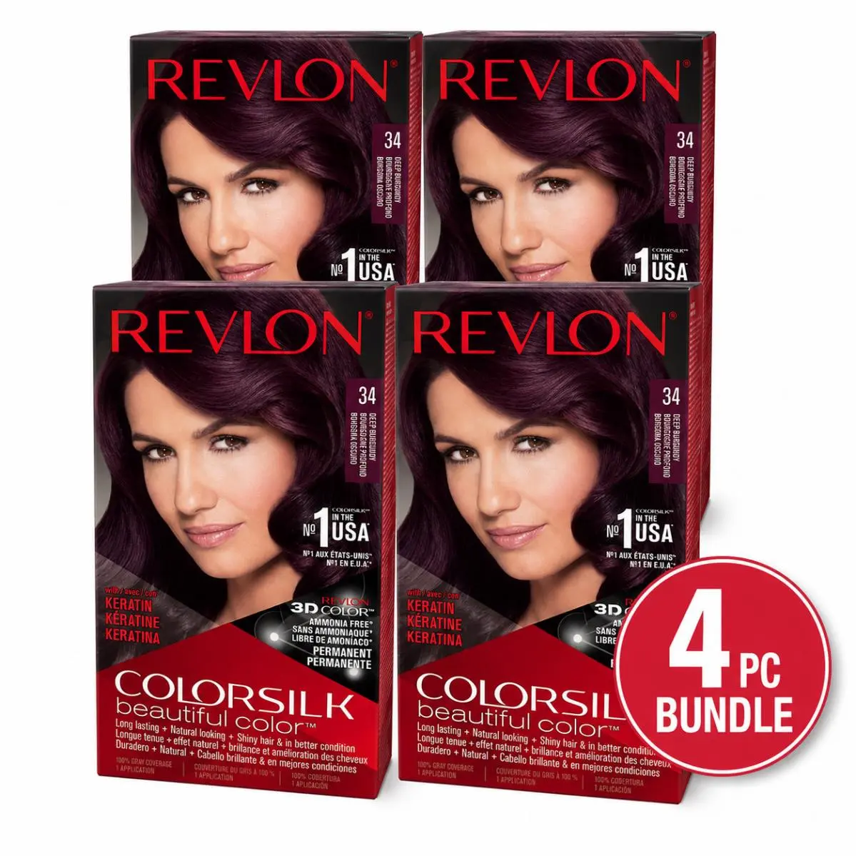 4PC -  Colorsilk Beautiful Color 34 Deep Burgundy Permanent Hair Color by Revlon
