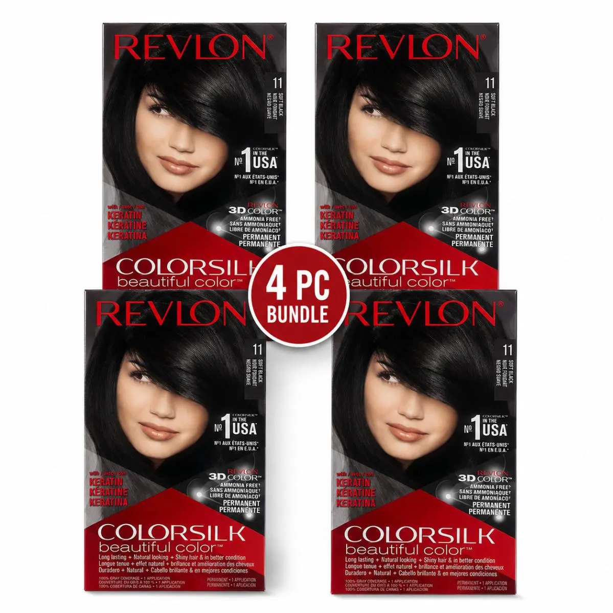 4PC -  Colorsilk Beautiful 11 Soft Black Permanent Hair Dye Ammonia Free by Revlon
