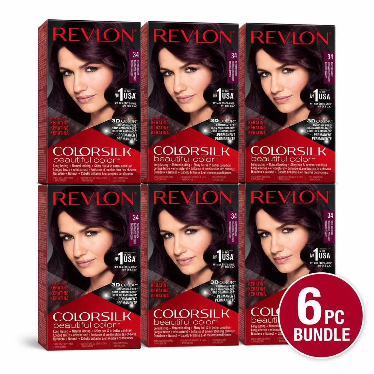 6PC -  Colorsilk Beautiful Color 34 Deep Burgundy Permanent Hair Color by Revlon