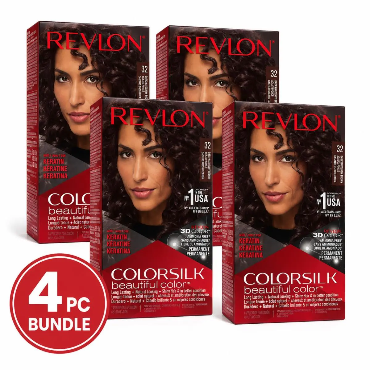 4PC -  Colorsilk Beautiful 32 Dark Mahogany Brown Permanent Hair Color by Revlon