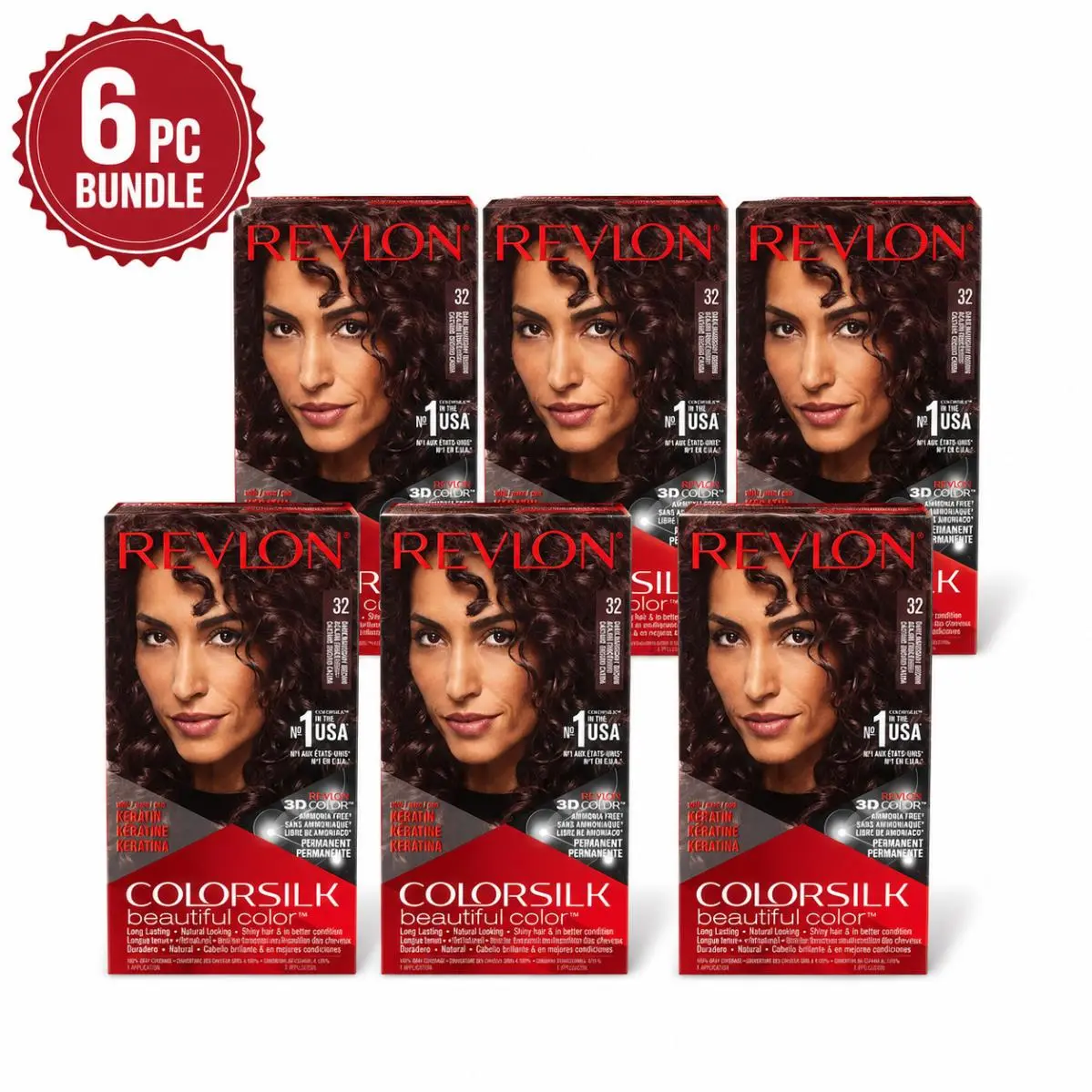 6PC -  Colorsilk Beautiful 32 Dark Mahogany Brown Permanent Hair Color by Revlon