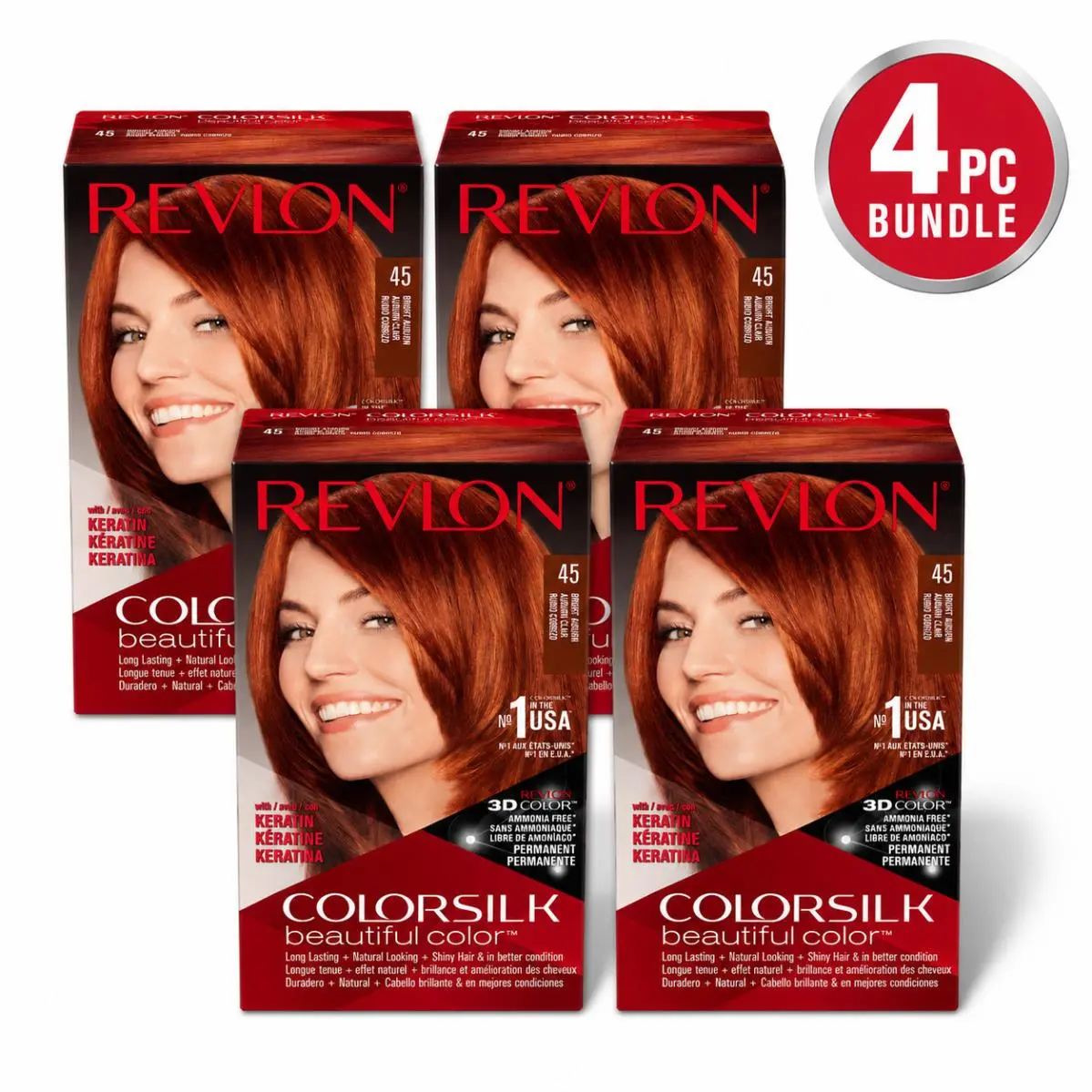 4PC -  Colorsilk Beautiful Color 45 Bright Auburn Permanent Hair Color by Revlon