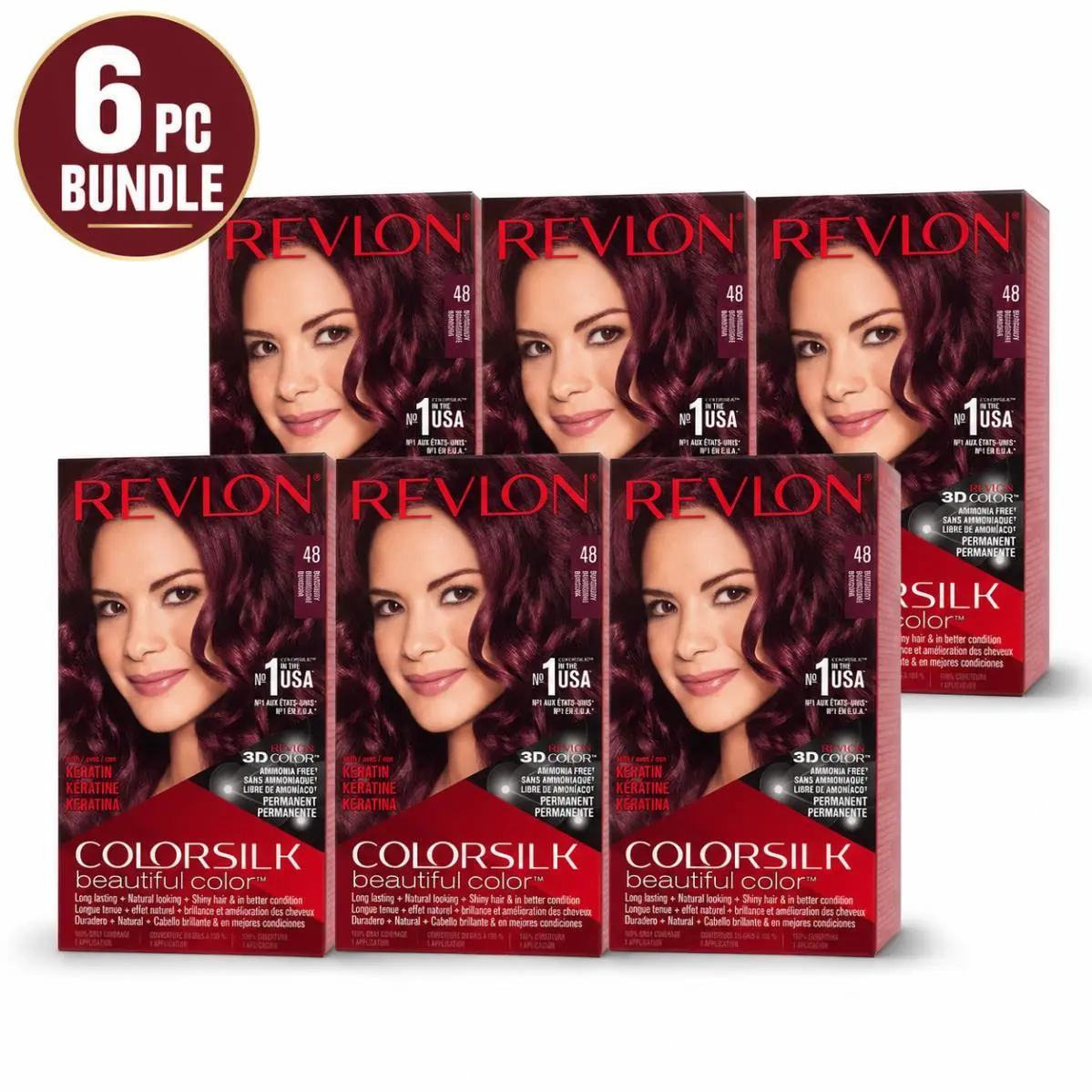 6PC -  Colorsilk Beautiful Color 48 Burgundy Permanent Hair Color by Revlon