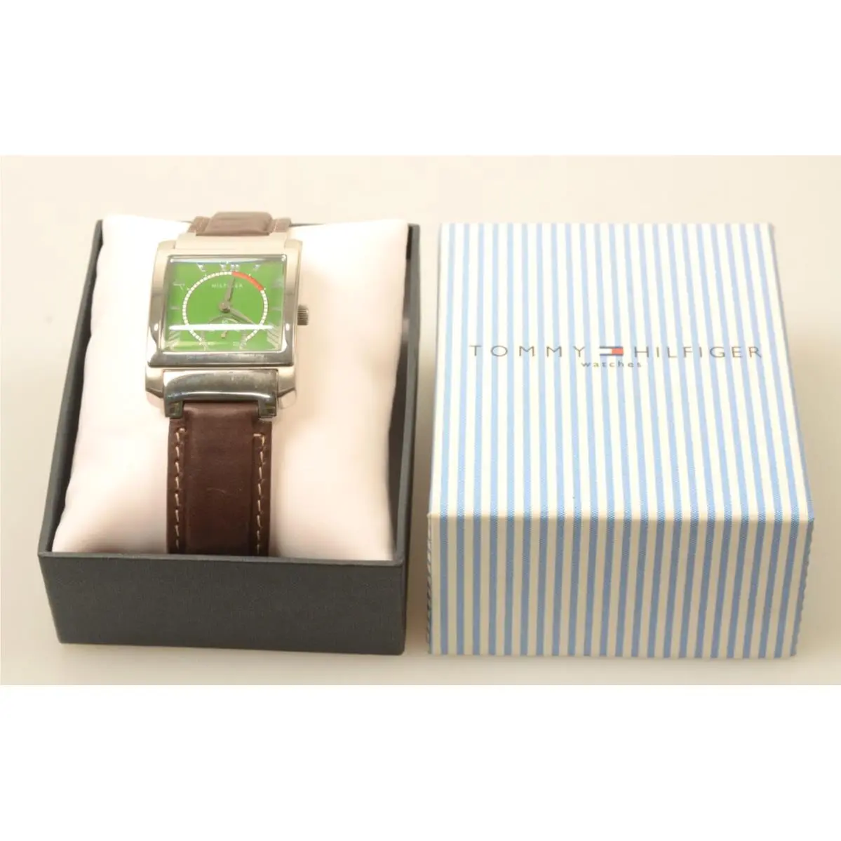 Vintage Hilfiger Watch F90253 Green with Brown Leather Band - Needs Battery by Tommy Hilfiger