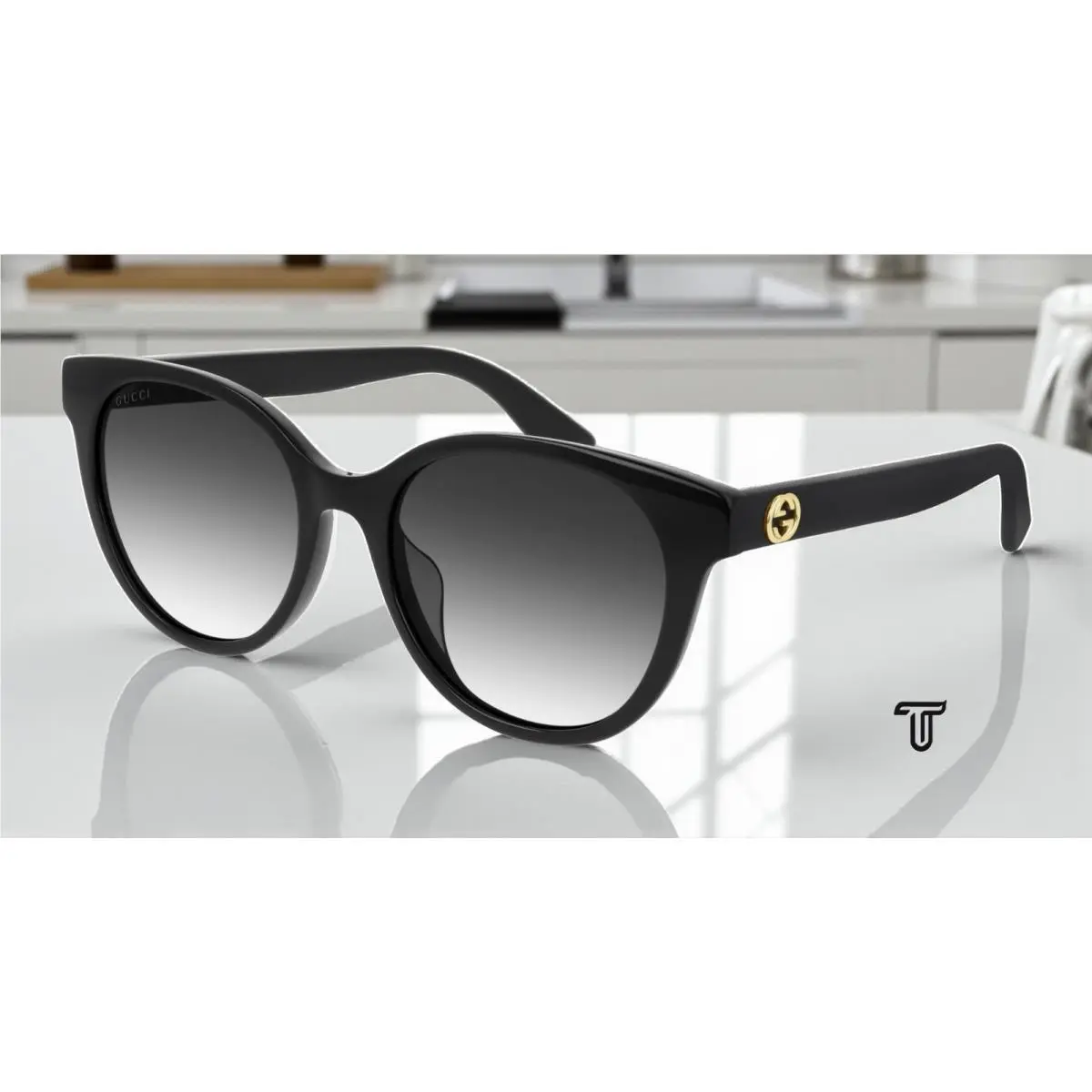 GG0702SK 001 Round Oval Black Shiny Black Grey 54 mm Women`s Sunglasses by Gucci