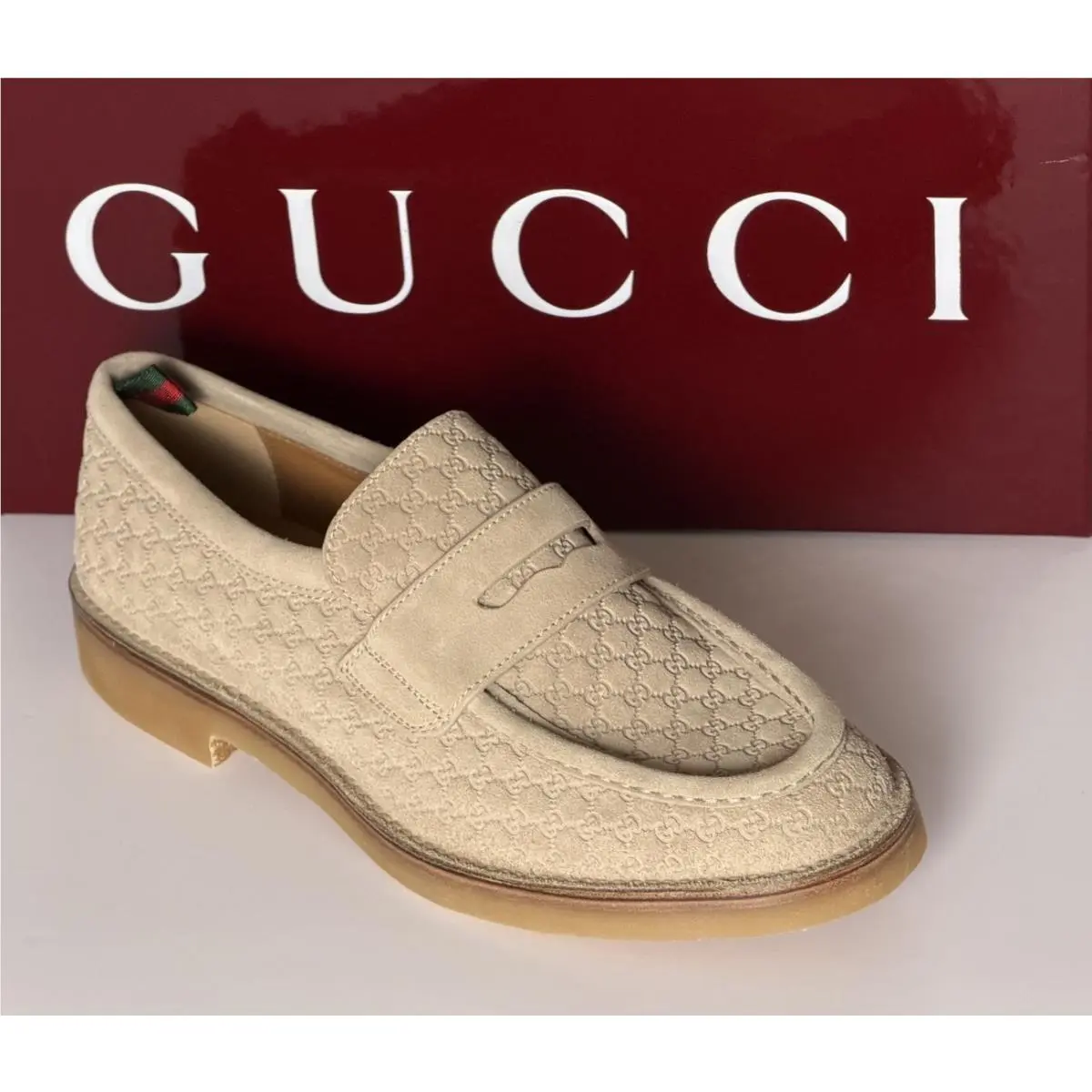 Gucci Mens GG Monogram Suede Loafers Shoes Oatmeal 9.5 US 9 Gucci 831289