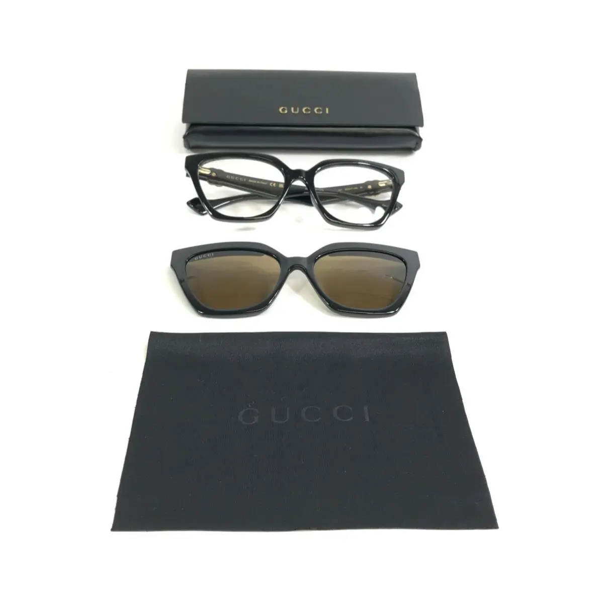 Eyeglasses Frames GG1542S 001 Black Cat Eye Full Rim w/ Clip On 55-17-140 by Gucci