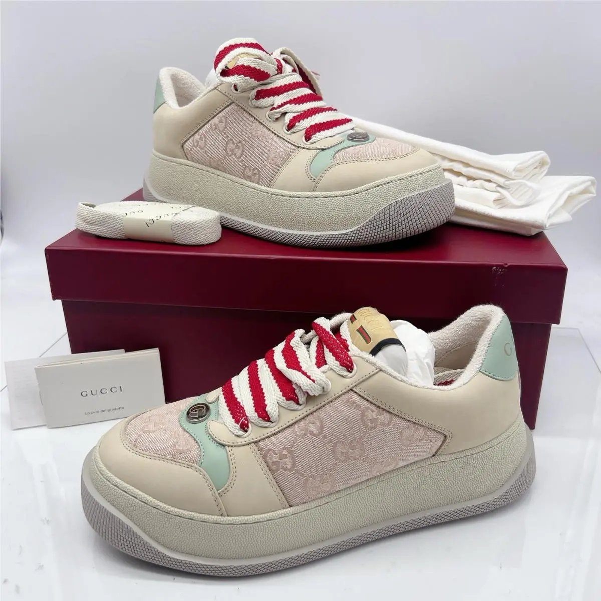 Gucci Double Screener Monogram GG Logo Womens Sneakers Beige Pink EU 38.5 US 8.5